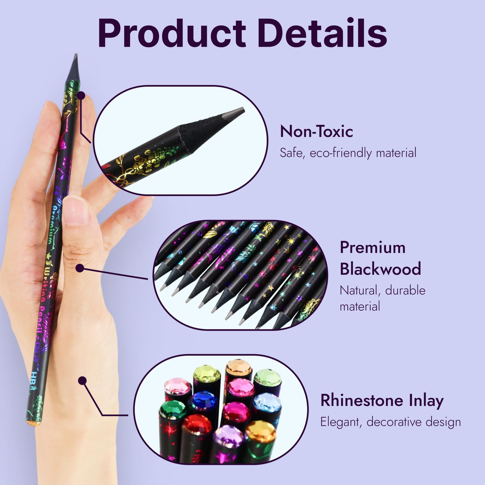 Kit De 12 Crayons HB En Bois Noir Avec Strass – Pré-taillés, Pour école, Dessin, Créativité – Cadeau Artiste Ou Enfant - 3