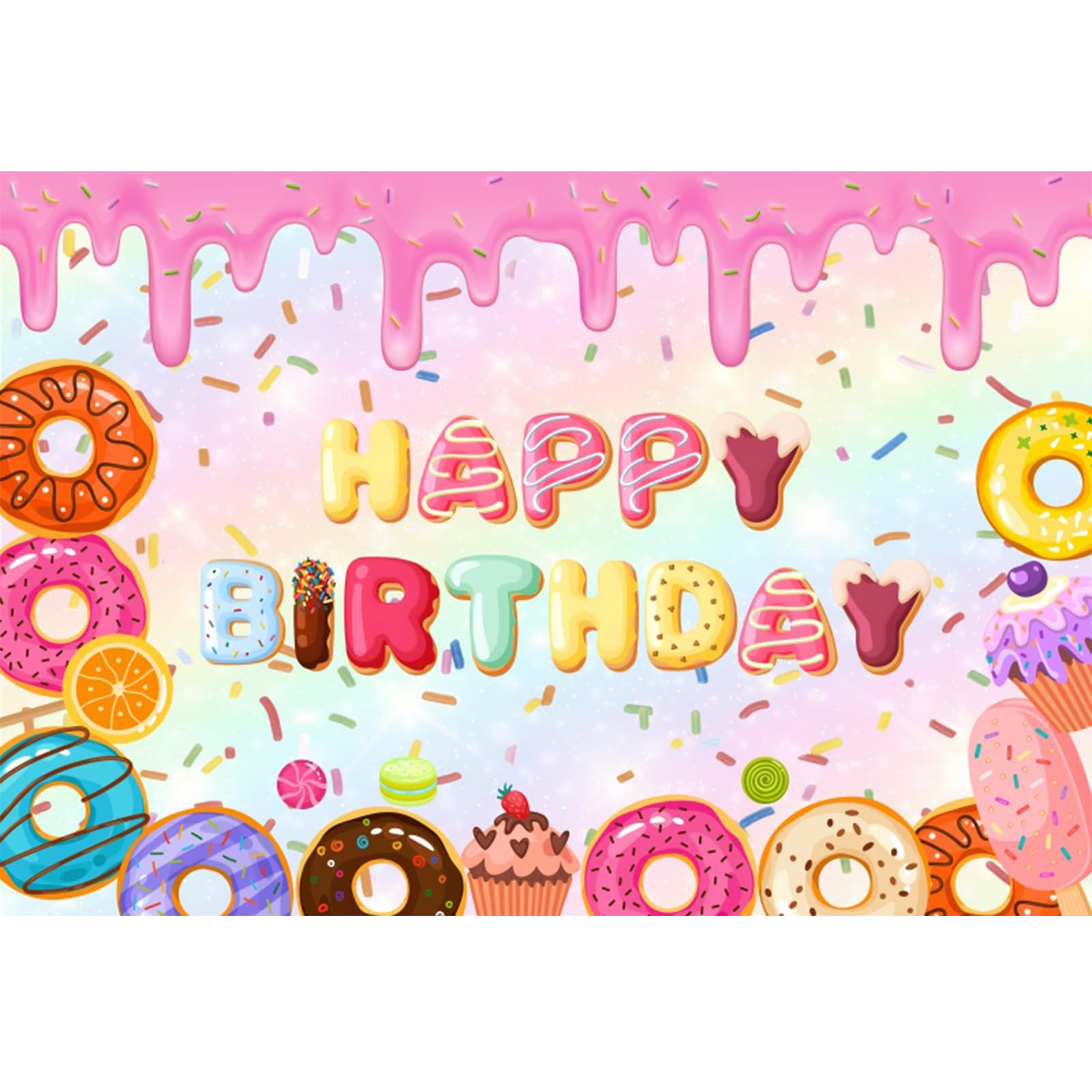 YongFoto Donut Happy Birthday Backdrop 5x3ft Cartoon Lollipop Sugar Needle Candyland Sweet Shoppe Photography Background Kids Baby Cake Smash First Birthday Party Banner Dessert Cake Table Decor