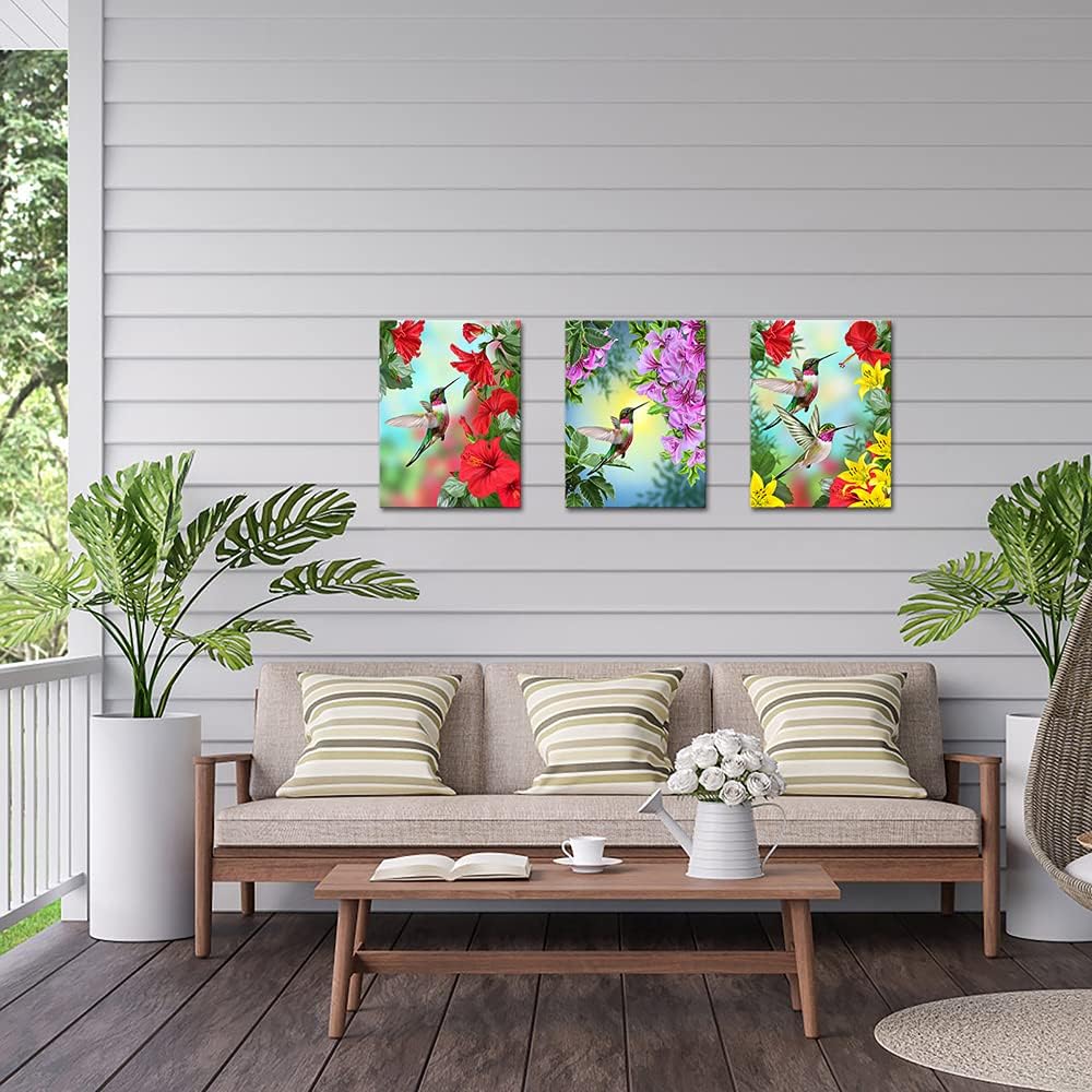 VANSEEING Hummingbird and Brilliant Flowers Wall Art Canvas Prints Bird Painting Pictures for Wall Photo Modern Giclee Artwork for Home Bedroom Office Decorations 12x16inchx3 pcs