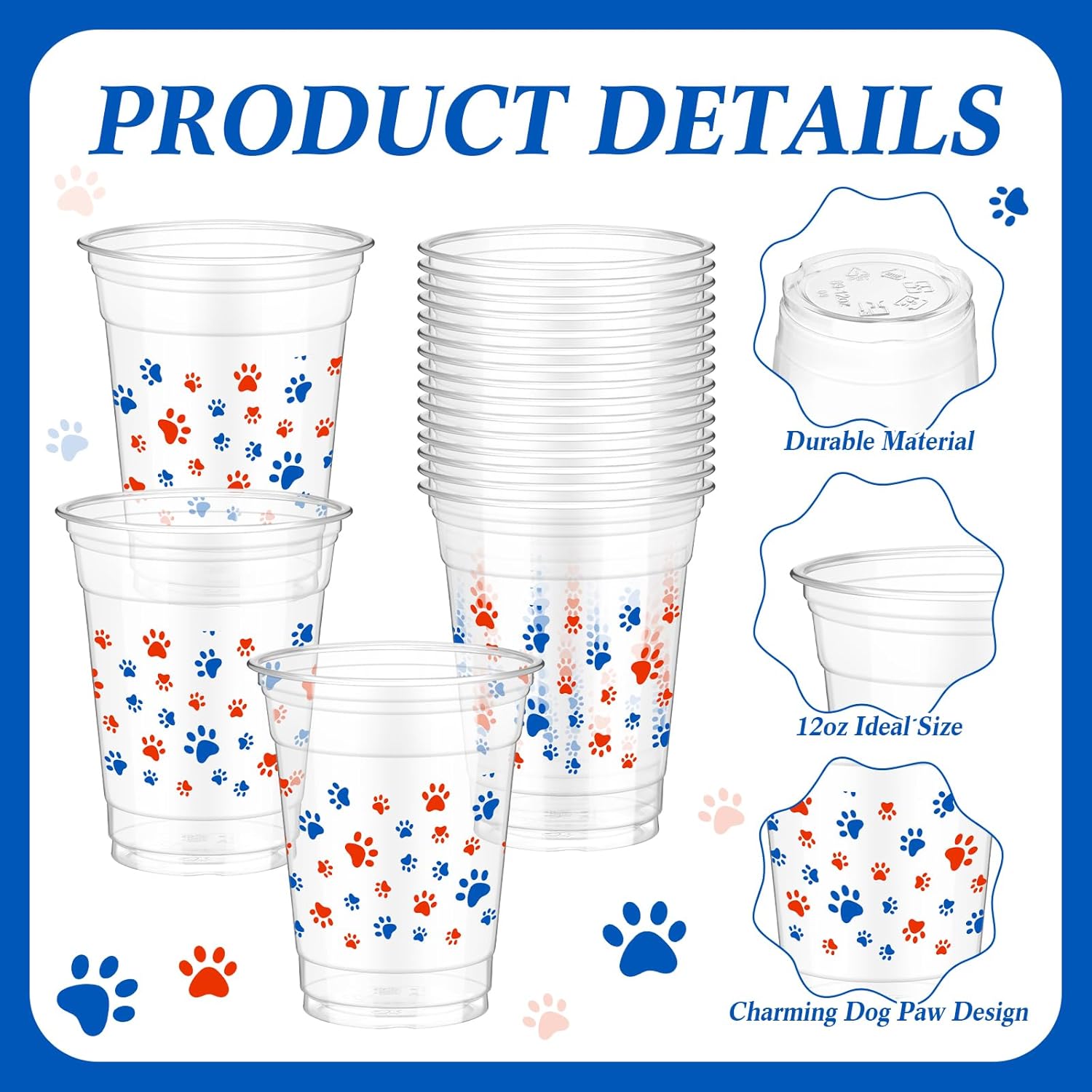 48 Pcs 12 oz Dog Paw Plastic Cups Patrol Disposable Party Clear Plastic Cups Blue and Orange Dog Birthday Party Supplies for Iced Coffee Juice Drinkware Baby Shower Classroom - Image 2
