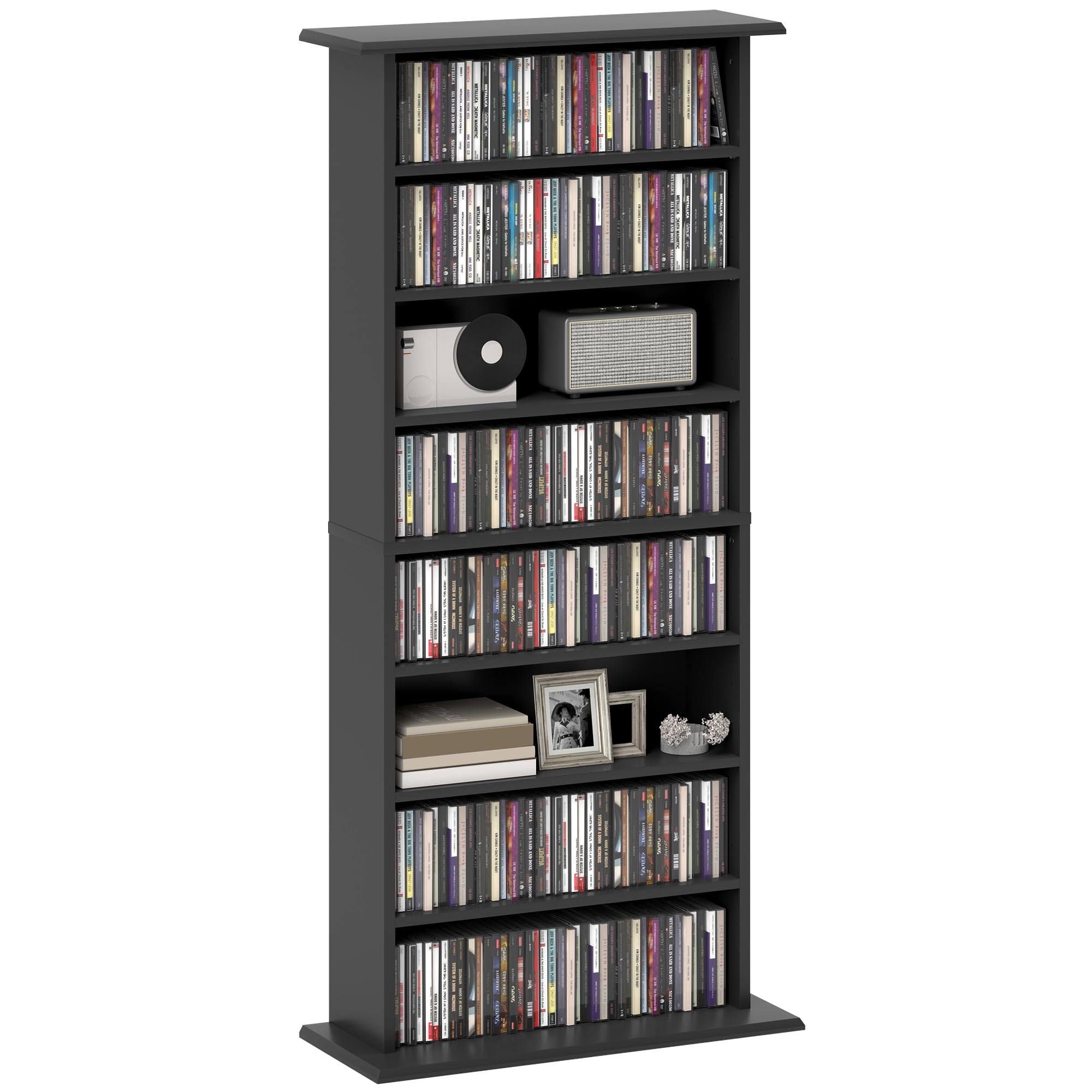 HOMCOM Mobile Porta CD con 6 Ripiani Regolabili, Scaffale Porta 360 CD/185 DVD Salvaspazio in Legno, Mobile Portacd con 8 Scomparti, per Soggiorno Camera da Letto Ufficio, 58x24x126.3 cm, Nero