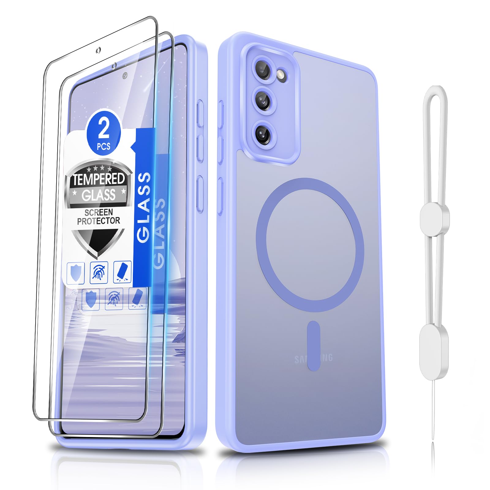 Dizn for Samsung Galaxy S20 FE Case,[Not Fit S20],with Tempered Glass Screen Protector,[Compatible with MagSafe], with Strap, Magnetic &amp; Military Grade Shockproof Protective S2 0FE (6.5"),Light Purple