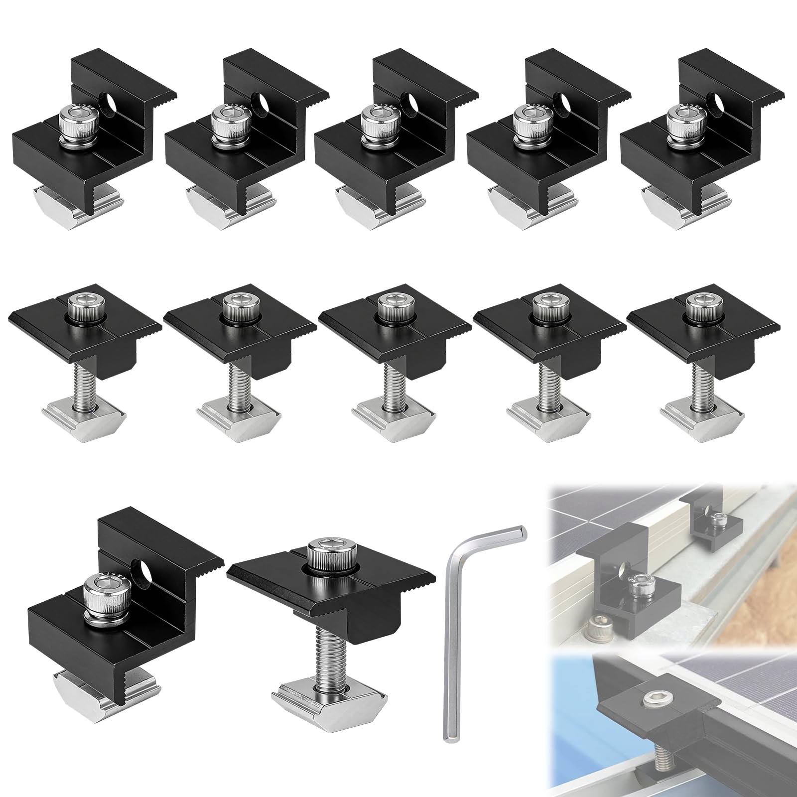 EXLECO Kit de 12 Support Panneau Solaire 30-35mm, Fixation Panneaux Solaires Photovoltaïque en Aluminium pour Rail, 6 Pinces Centrales en T et 6 Pièces d'Extrémité en Z, PV Pince de Toit, Noir