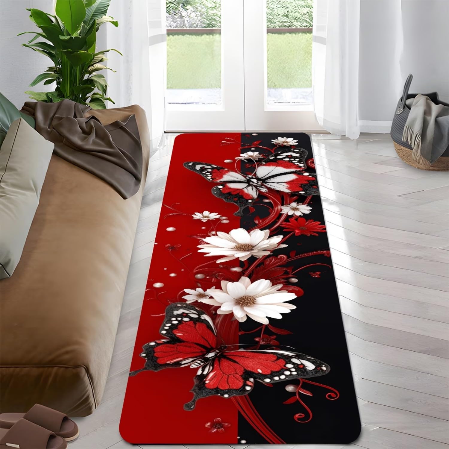 RICAUOU Red Butterfly Hallway Runner Rug 120x360cm Bohemian Floral Print, Black Red Unique Art Deco Rugs Washable, Soft, and Rustic Farmhouse Decor – Non-Slip Carpet for Living Rooms and Offices