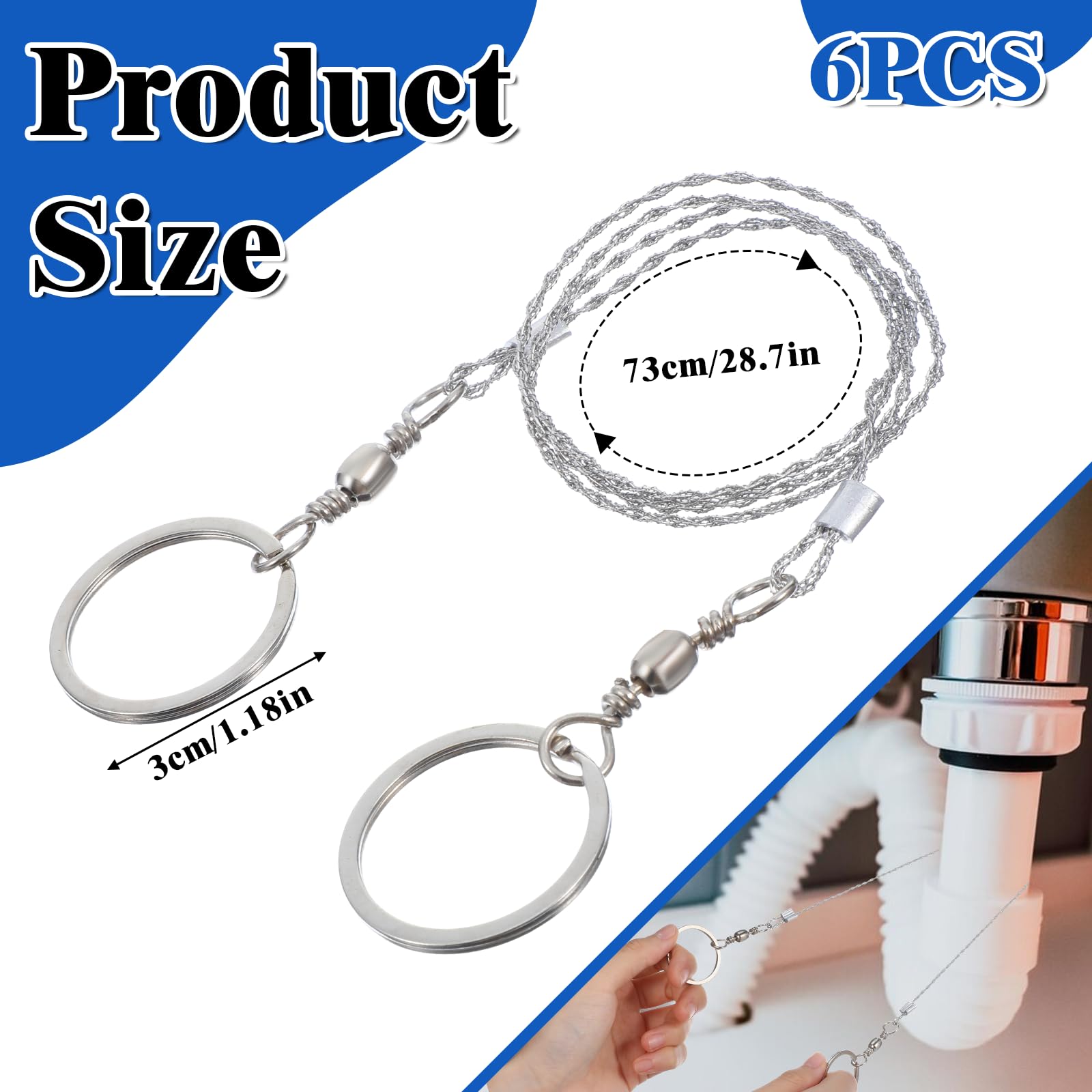 6Pcs Wire Saw Stainless Steel Cable Saw, Metal Cable Wire Saws Pocket Size Outdoor Tool, 28.7in Light Weight CableCutting String for Cutting Trees & Wood