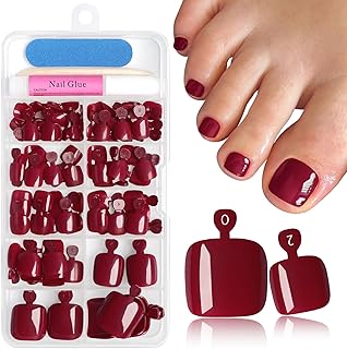 144pc Burgundy Press on Toenails for Women, Burgundy Toe Nail Press ons Short Square Toe Press on Nails Fake Toe Nails Tips False Toenail Press ons with Nail Glue and Adhesive Tabs