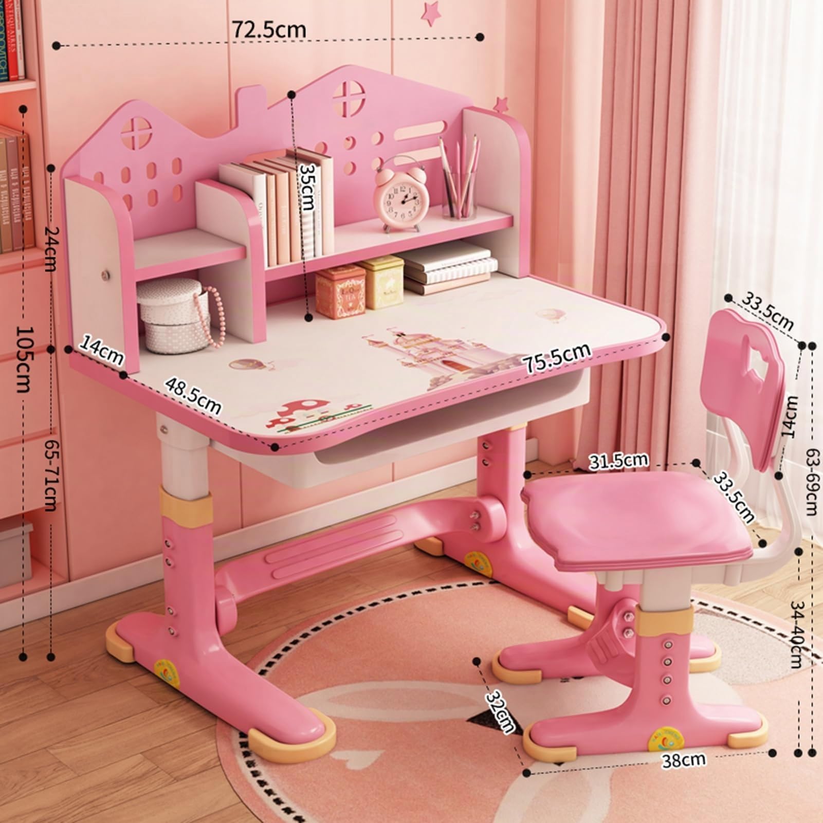 Set tavolo e sedia da studio per bambini, scrivania regolabile in altezza per scuola con piano ampio, scrivania per l'apprendimento con schienale a castello, leggio con supporto per libri e