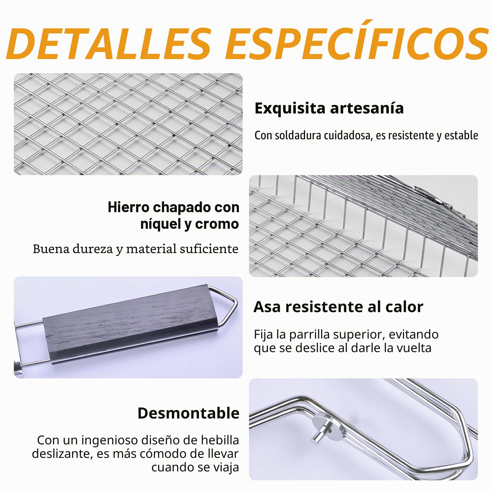 Rejilla para Barbacoa, Cesta de Parrilla de Barbacoa de Acero Inoxidable Portátil con Mango de Madera para Pescado, Verduras, Camarón, Carne