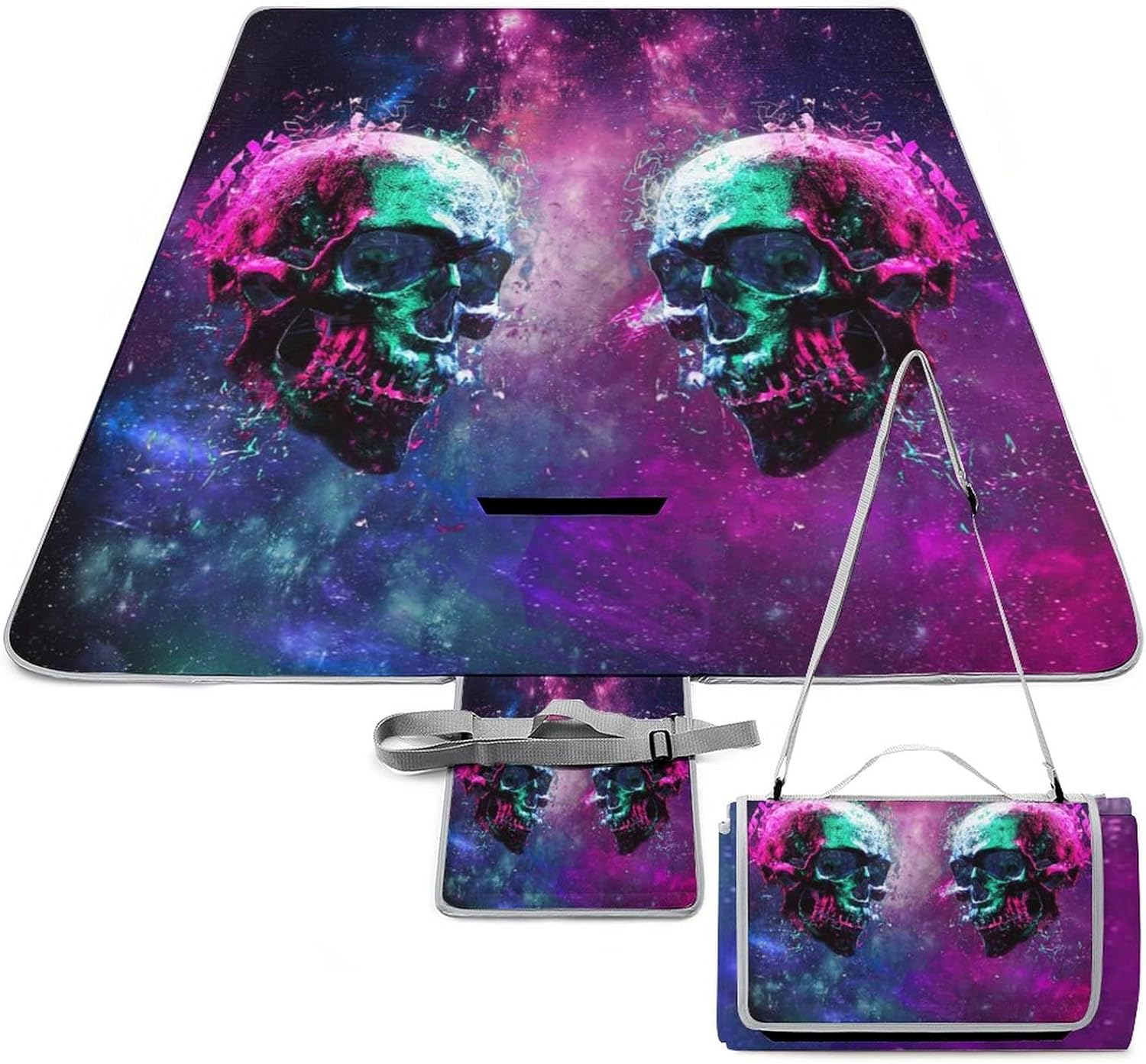 Scary Skull PortableAnd Extra Large Picnic & Outdoor Blanket Fantasy Galaxy Universe Horror Skeleton Pink Cyan for Outdoor Picnics, Beach, Camping 58.3x58.3 Inch