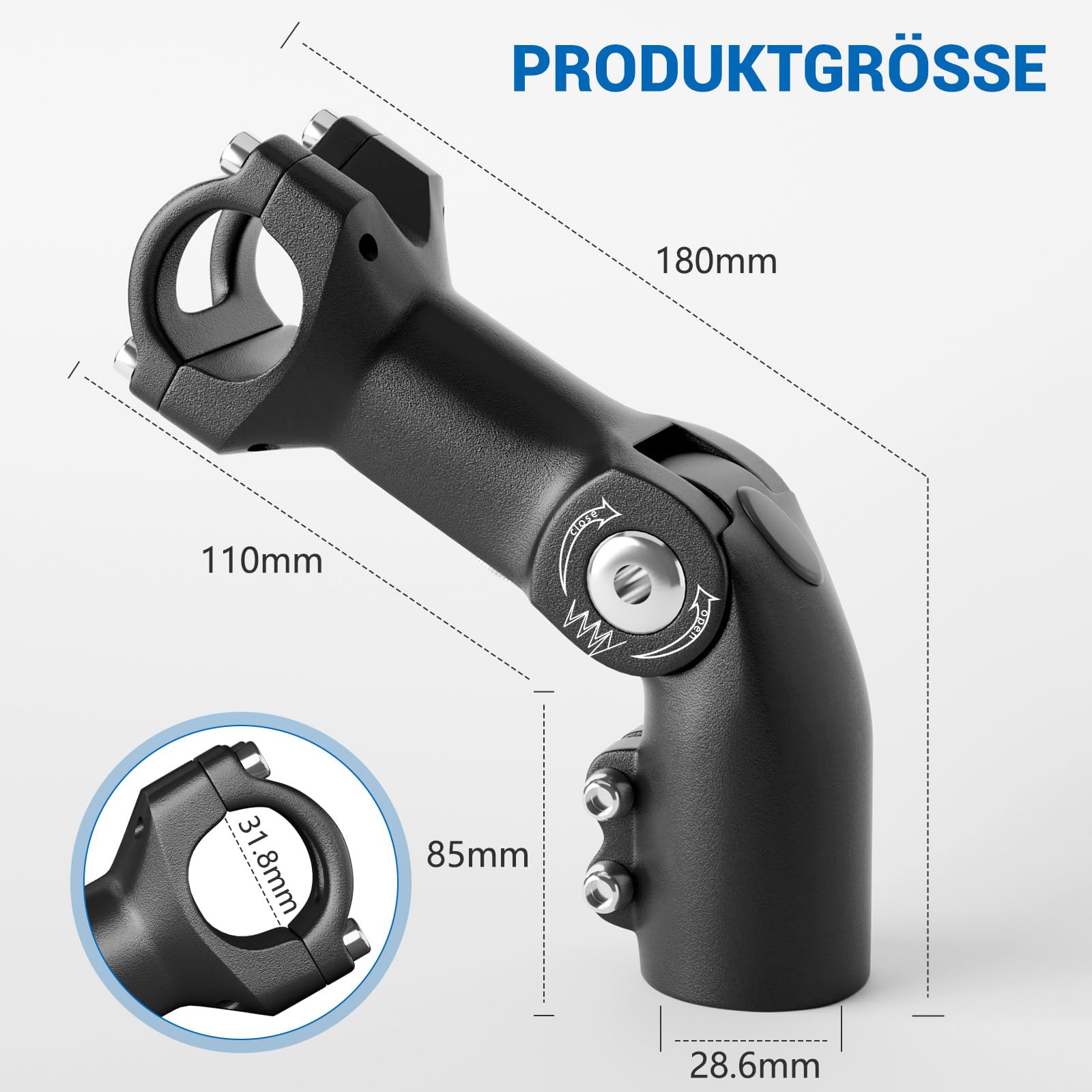 CLOPAE Regulowany wspornik kierownicy, podwyższenie kierownicy (-10° do +70°), 31,8 mm x 110 mm, podwyższenie kierownicy rowerowej, sześciokątny otwór, podwyższenie kierownicy do rowerów MTB