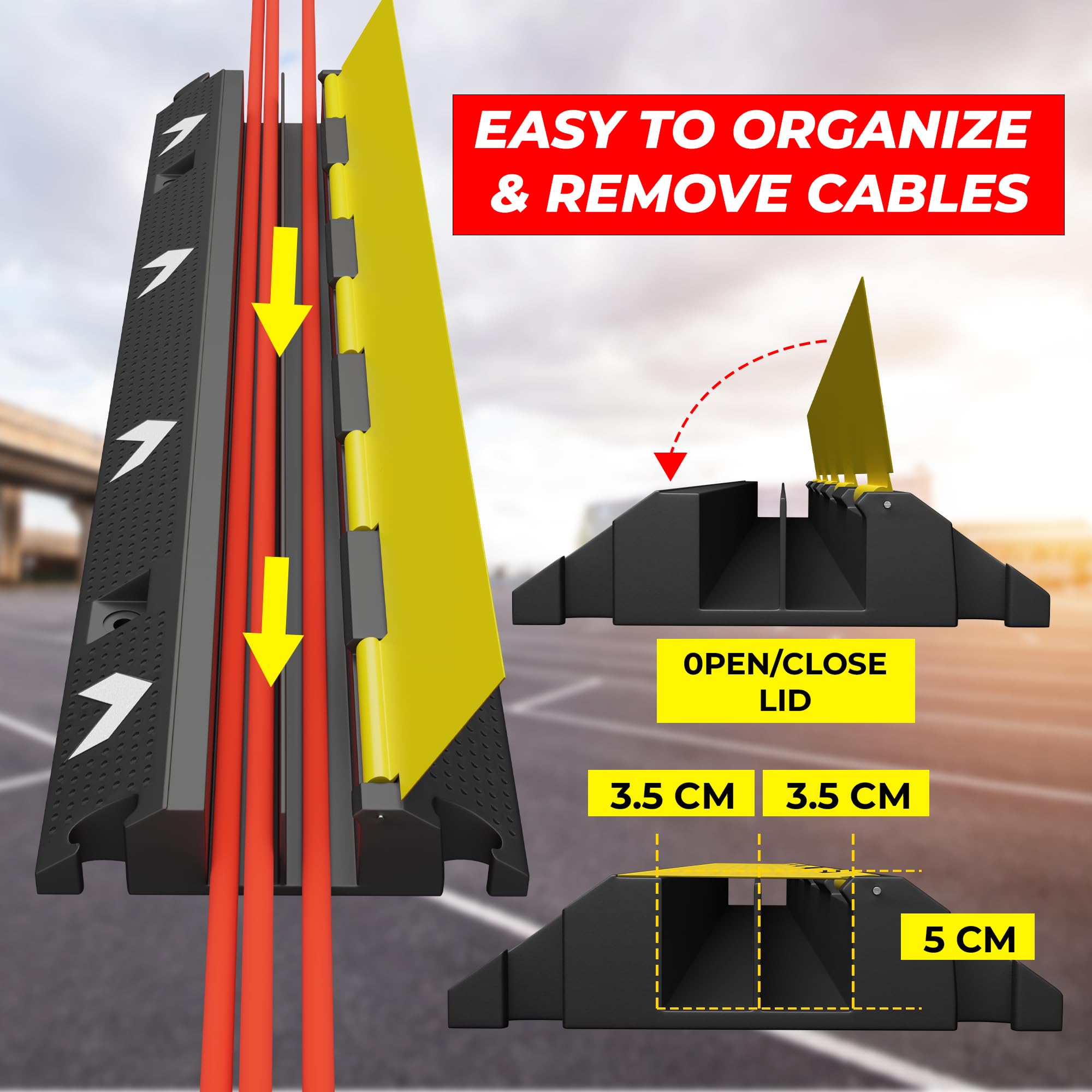 Protector de cable de 2 canales | Rampa de cable peatonal resistente | Cubierta de cable de PVC para exteriores con tapa amarilla | Protector de cable de suelo entrelazado para cables de carga EV