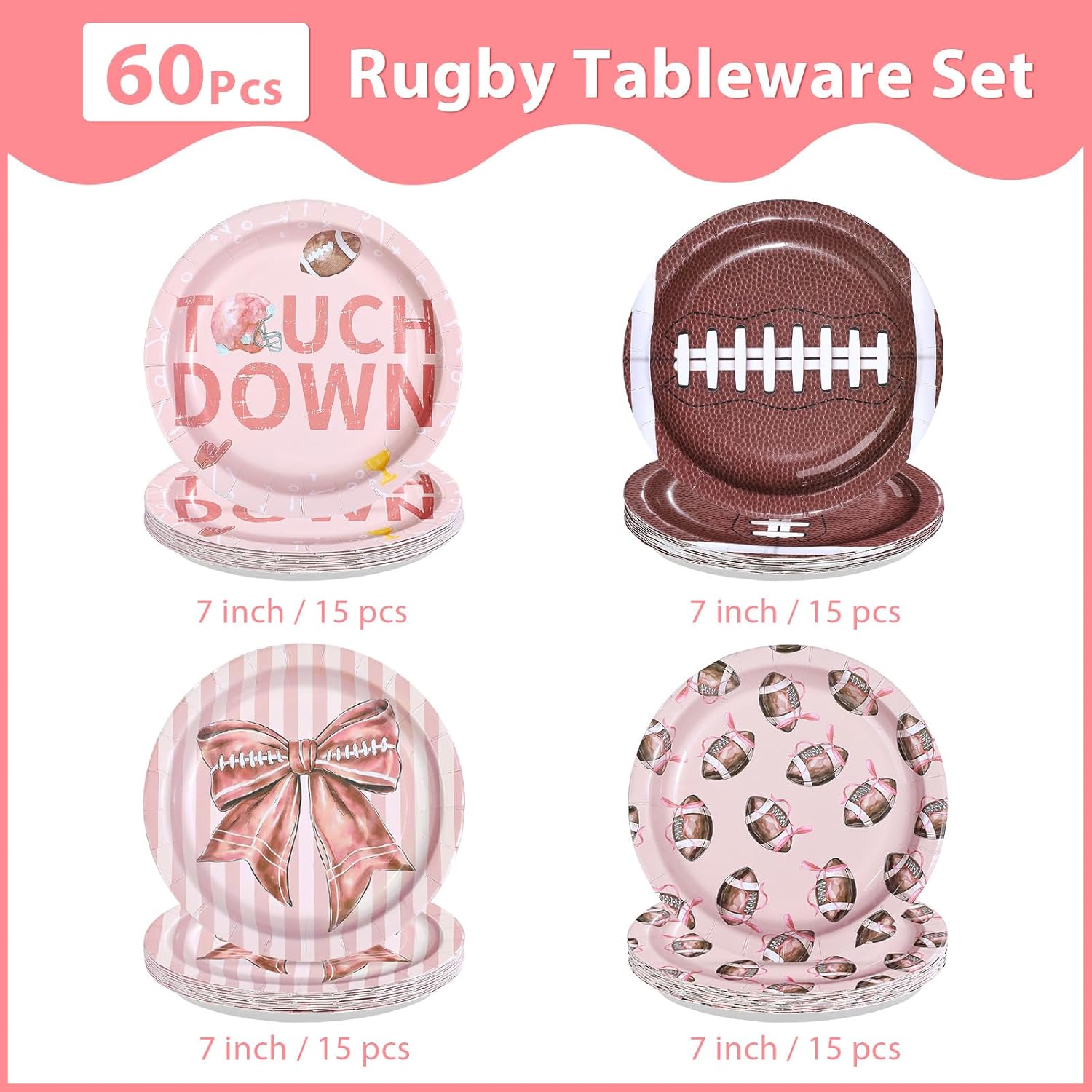 60Pcs Football Gender Reveal Party Decorations Touchdowns or Tutus Gender Reveal 7” Paper Plates Pink Bow and Football Paper Plates for Baby Girls Boys Touchdowns or Tutus Decorations