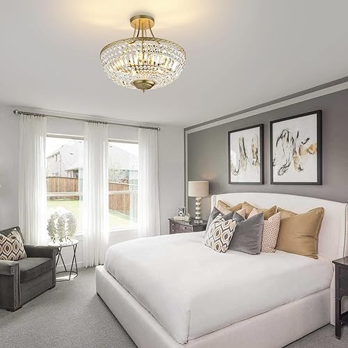 Miniatura 8 de WINGBO Lámpara de techo de cristal de 19.5 pulgadas, candelabro semiempotrado de 5 luces con gotas de lluvia, lámpara colgante redonda moderna cerca