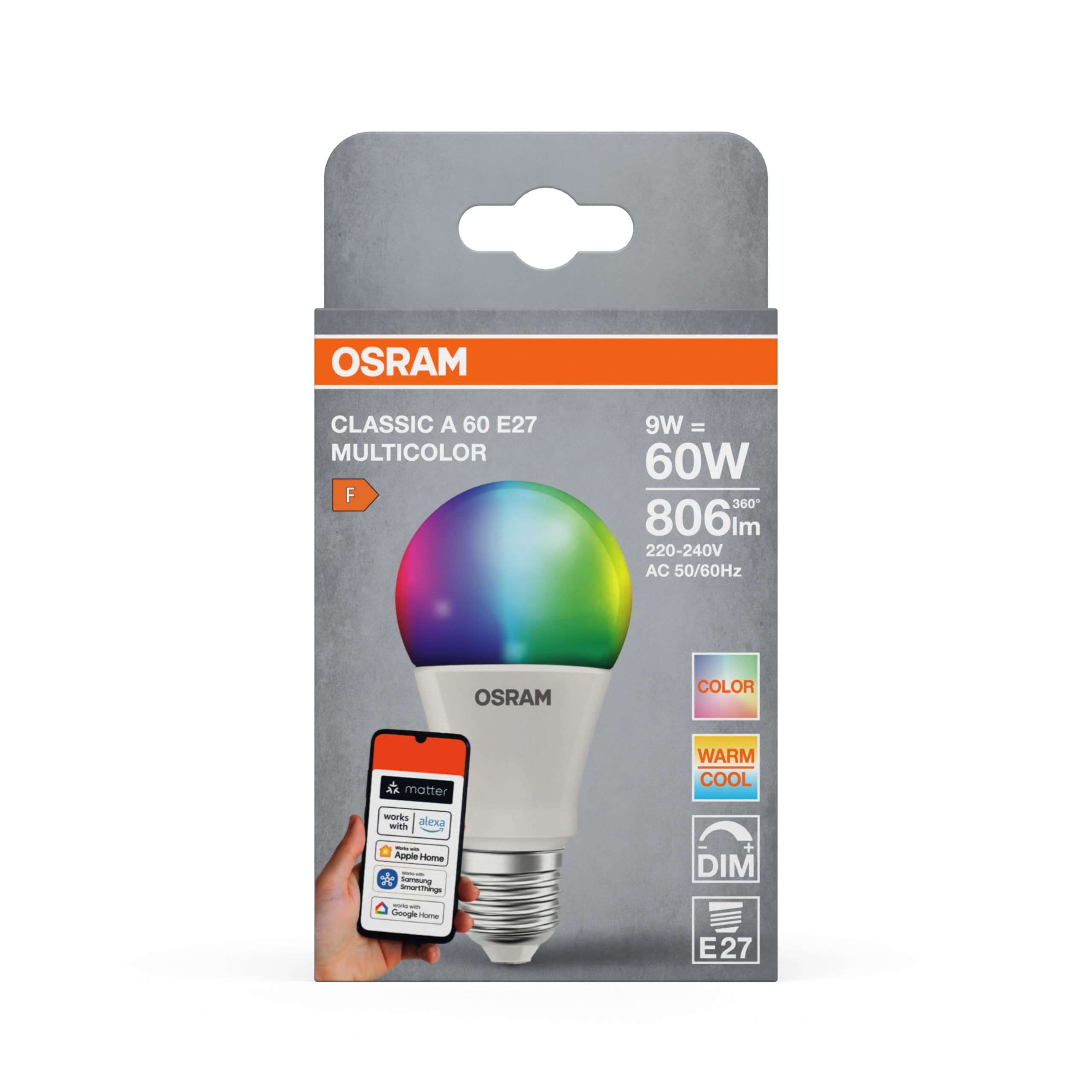 Osram SMART+ RGBW, E27 LED-Lampe mit Matter over Wifi, speziell entwickelt für ALEXA - einfache Einrichtung per Klick, 60W-Ersatz, warmweiß bis kaltweiß(2700-6500K), 16 Mio RGB Farben, 4er-Pack