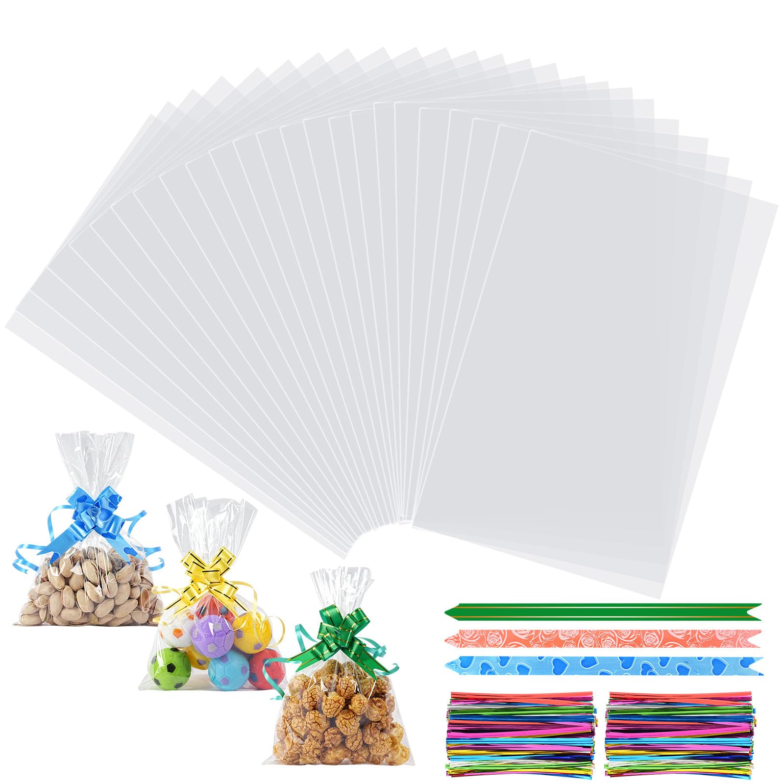100 Sacchetti in Cellophane Trasparente 14x20 cm, Sacchetti Trasparenti per Alimenti con 100 Fiocchi e Lacci Intrecciati per Caramelle, Biscotti e Altre Confezioni Regalo