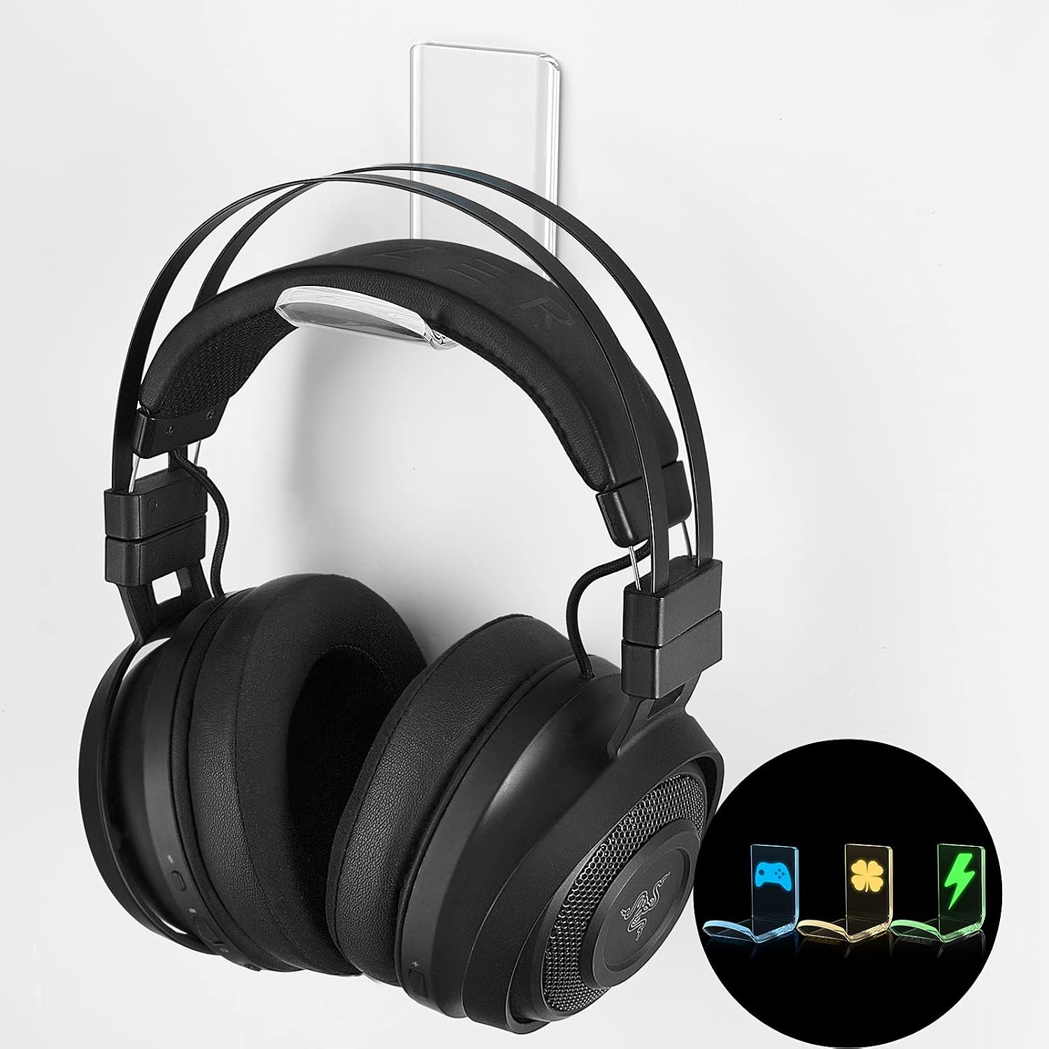 OAPRIRE Adhesive Headphone Stand 2 Pack for Wall & Desk with 3 Luminous Tape Stickers - Universal Gaming Headphone Holder Hanger with Cable Clip - Save Desktop Space, Floating Effect (Clear)