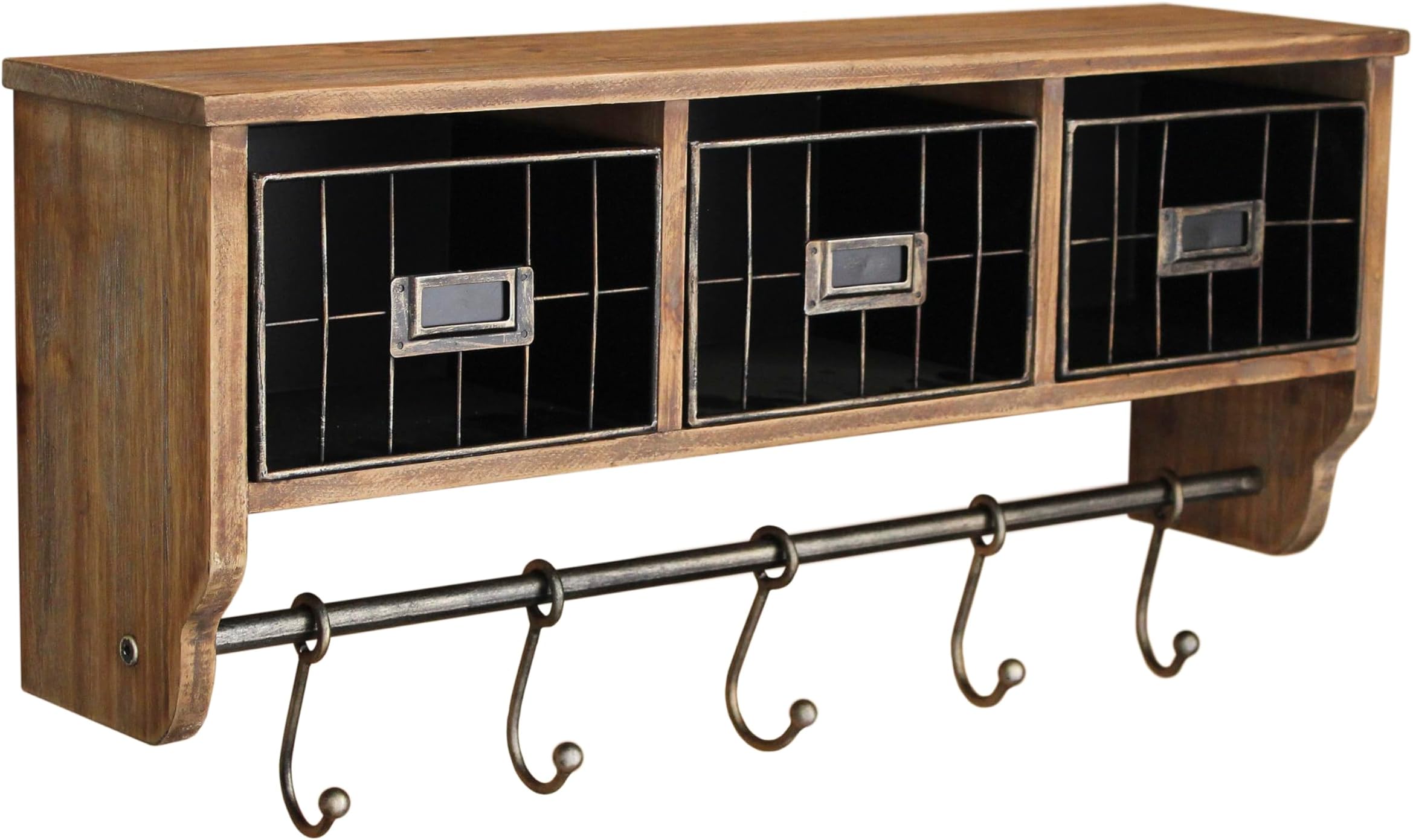 Wall Mounted Storage Rack - Rustic Brown Solid Pine Wood - 24 Inch - Upper Shelf - 5 Hooks - Wire Baskets - For Entryway, Kitchen, Bathroom