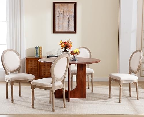 Miniatura 4 de chairus Juego de 2 sillas de comedor estilo casa de campo francés, sillas tapizadas de tela vintage con respaldo redondo, patas de madera oscura,