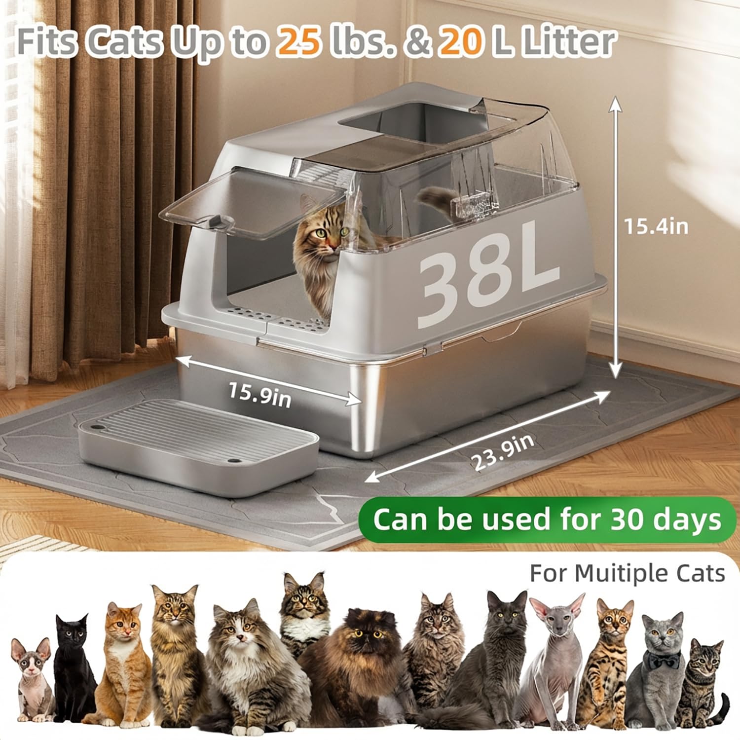 Stainless Steel Litter Box with Lid,Front Entry Top Exit Kitty LitterBox,Extra Large Enclosed Metal Cat Box with Litter Scoop & Litter Mat-Light Gray - image 2