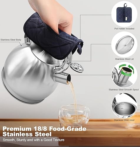 Miniatura 4 de Hervidor de té de acero inoxidable, tetera de té, tetera silbante vintage para estufa, duradera y resistente a la oxidación, con un soporte para