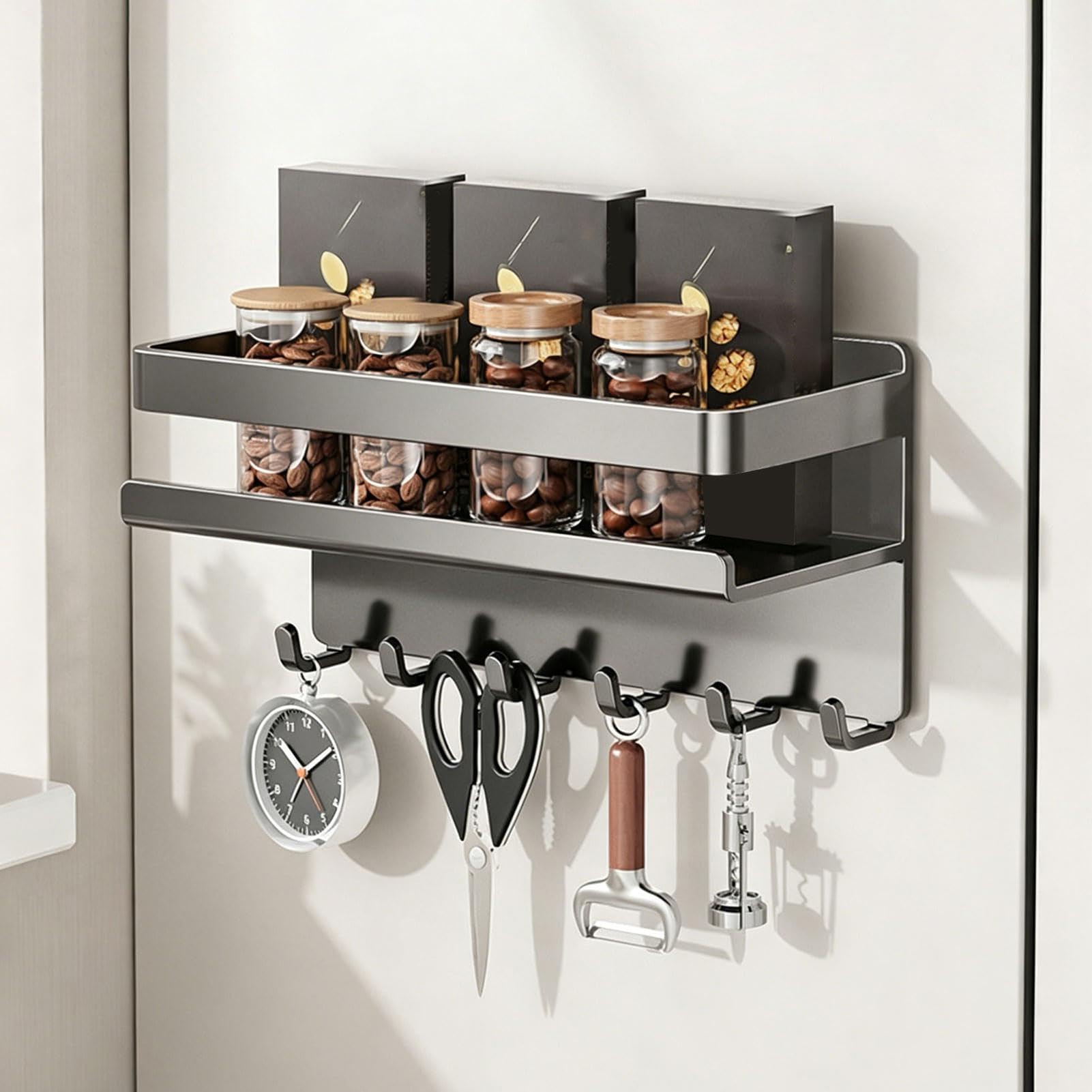 Organizador magnético para frigorífico de pared sin taladrar con 6 ganchos | Estantería de metal para cocina, para baño, garaje, lavandería, caravana, camping, armario de puerta