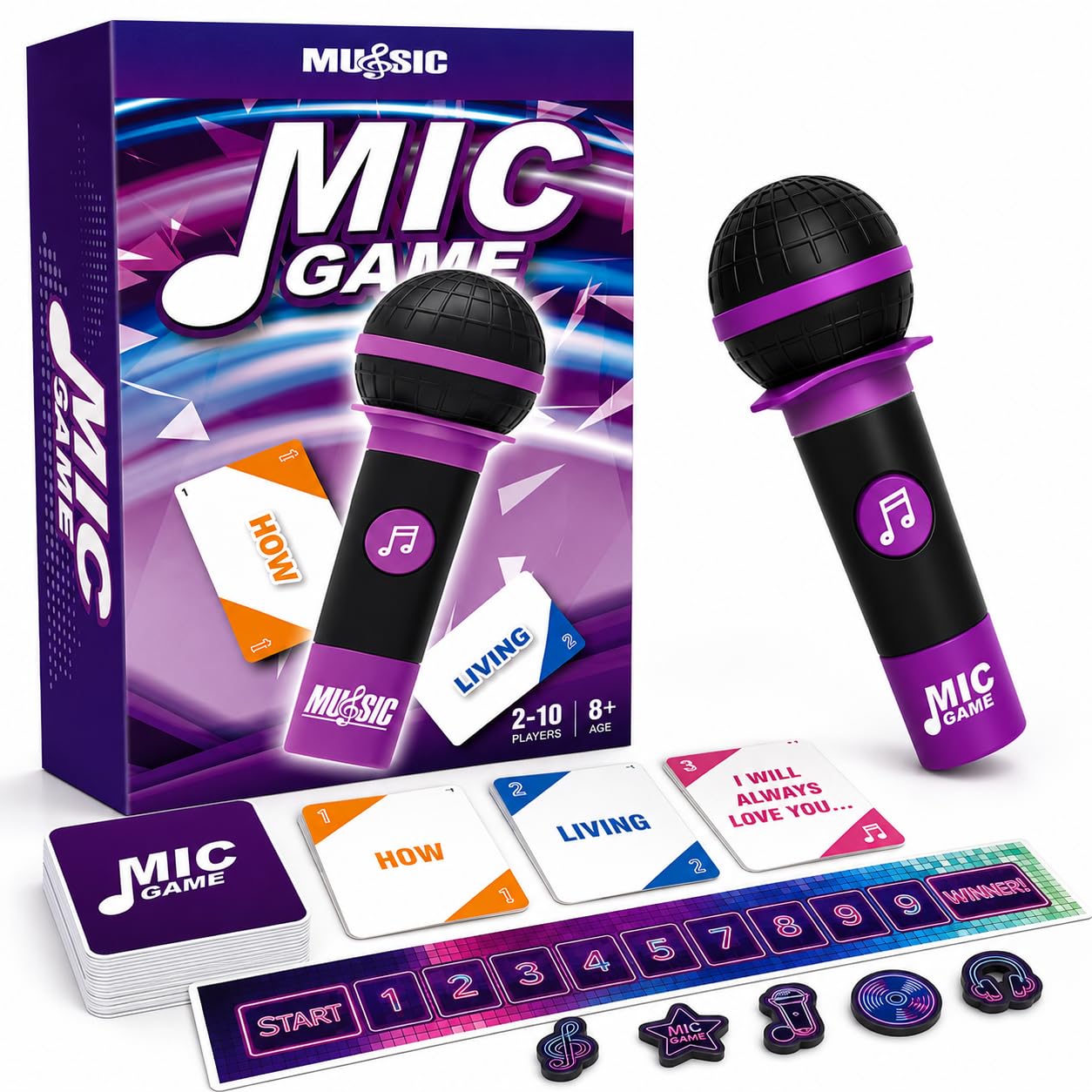 MICGAME Music Party Game for 2–10 Players | Karaoke Card Game with 250 Song Lyrics & Microphone | Family Board Game for Kids, Teens & Adults | Birthday, Christmas & Game Night Gift