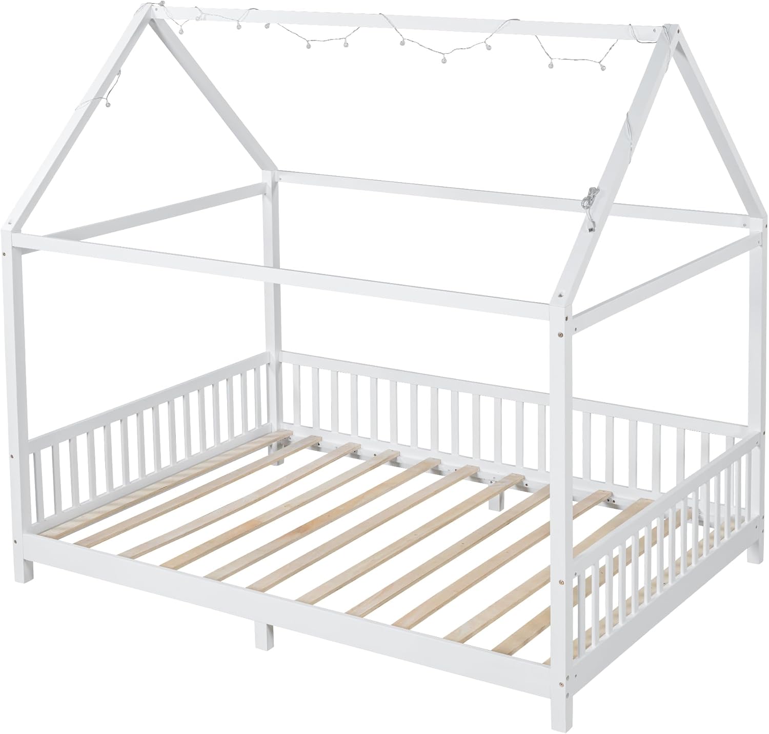 Wood House Bed, House Bed with Guardrail and LED, Full Size, White