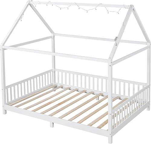 Miniatura 5 de Bellemave Cama Montessori de tamaño matrimonial,Marco de cama de casa con rieles altos,Camas de piso completo con techo, blanco con barandillas