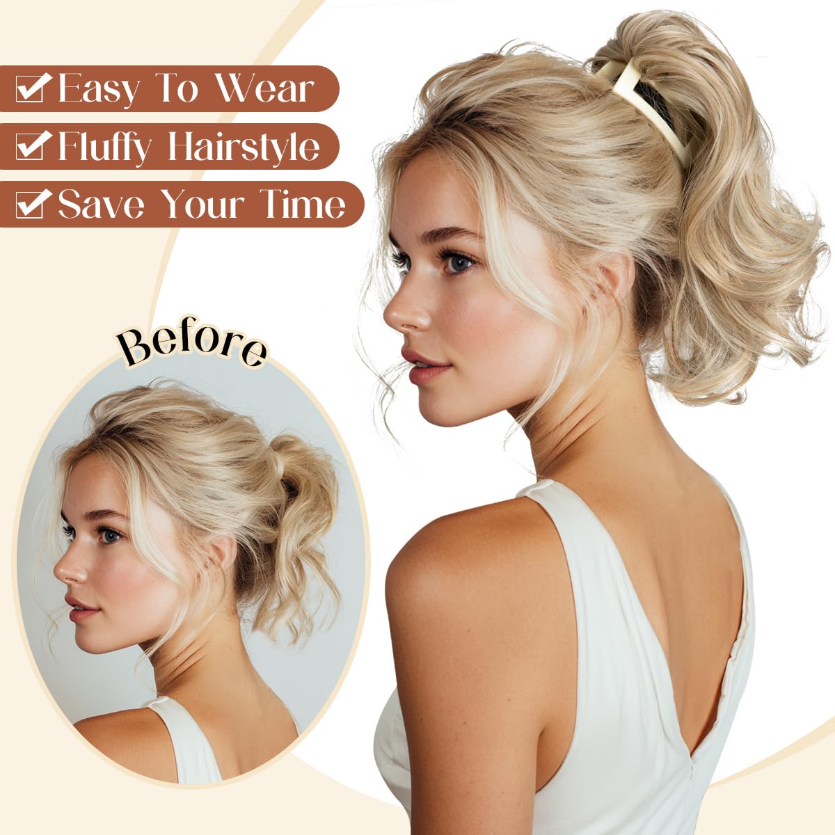 2 PCS Ponytail Extensions Claw Clip Short Pony Tails Wavy Curly Synthetic Hairpieces for Women 12 Inch + 14Inch Set Sunny Blonde