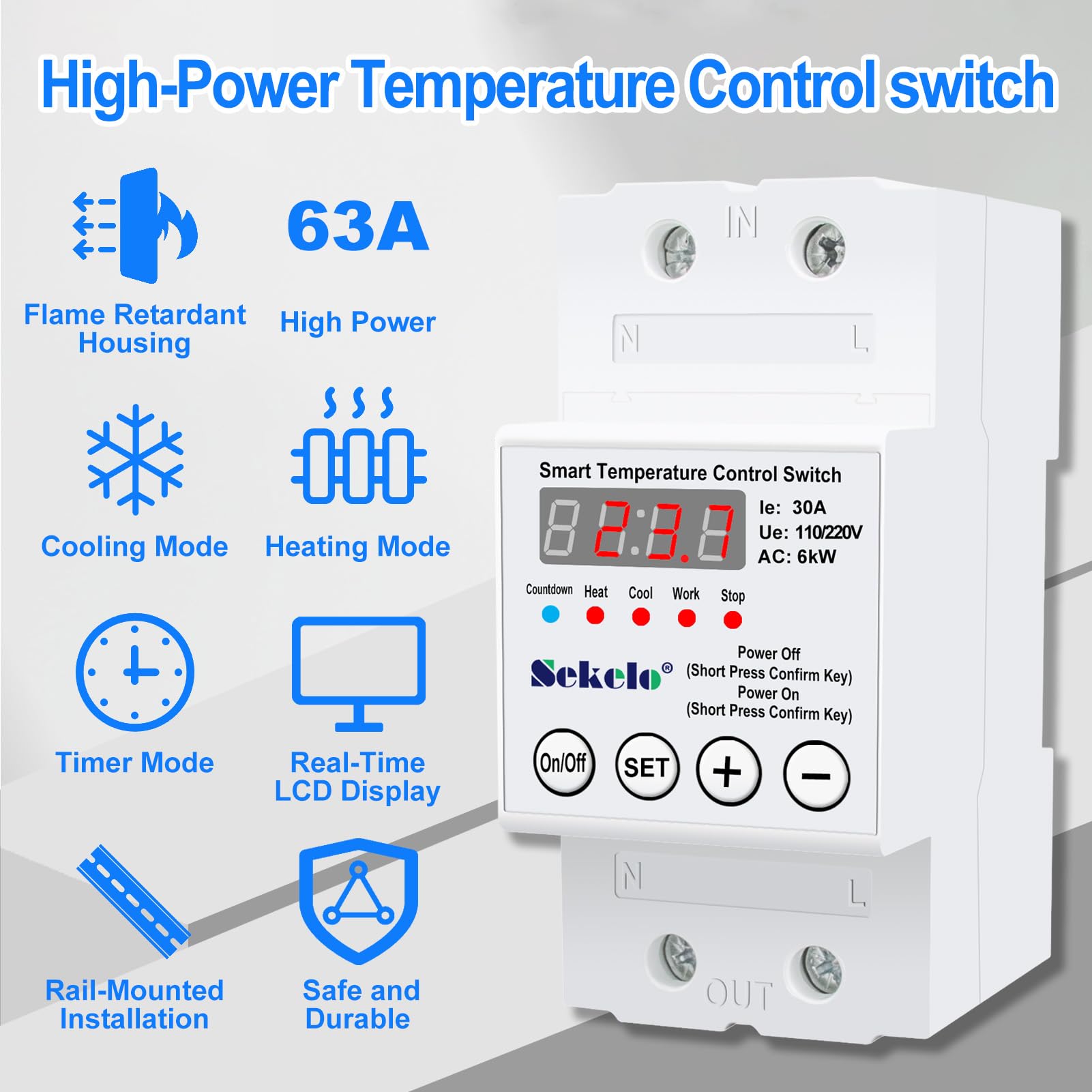 Interruttore di controllo della temperatura ad alta potenza, termostato digitale montato su rotaia con display LCD in tempo reale per riscaldamento e raffreddamento, 63 A 110/220 V, da -40 °C a 140 °C