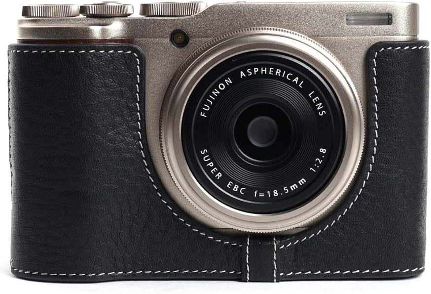 XF10 Camera Case, BolinUS Handmade Genuine Real Leather Half Camera Case Bag Cover for Fujifilm Fuji XF10 Camera Bottom Opening Version + Hand Strap -Black