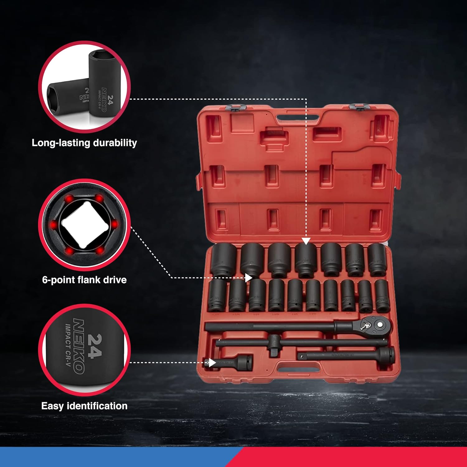 NEIKO 02409A 3/4-Inch-Drive Deep Impact Socket Set, SAE Sizes 7/8" to 2", Ratchet Handle and Extension Bars Included, Chrome Molybdenum Steel, 22-Piece Set