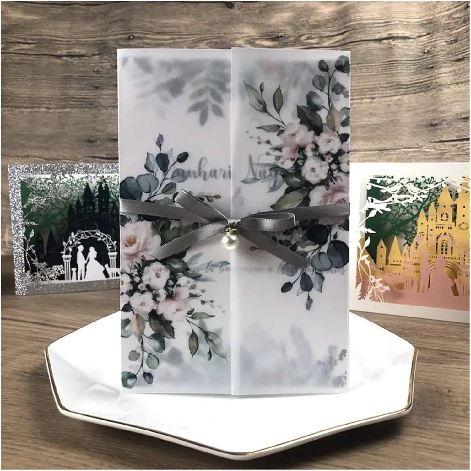 25pcs Blush Pink Floral Clear Vellum Jacket Cards Wedding Invitations with Envelopes Sweet 15 Invites(Burgundy,Pocket with Diamond)