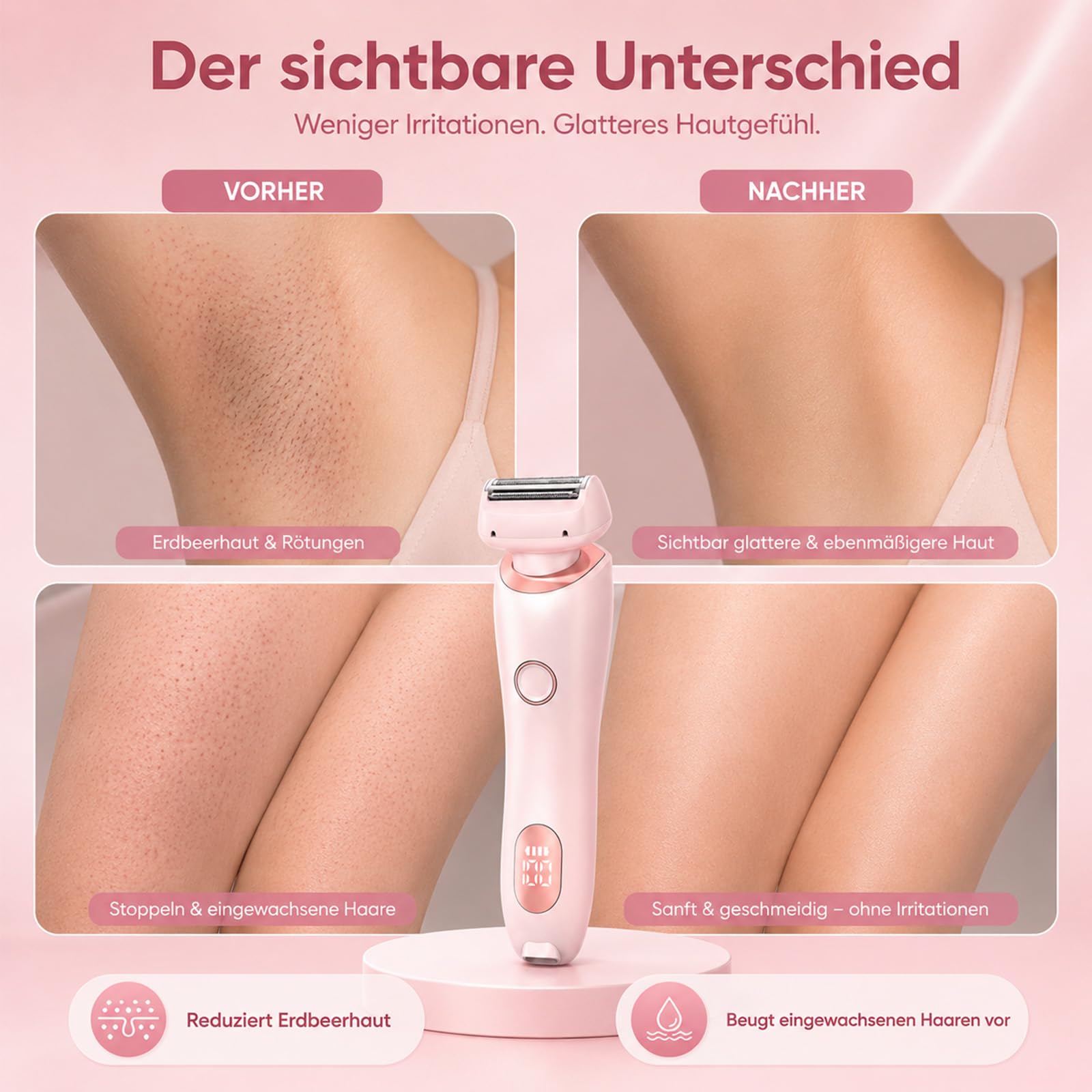 Boulina Rasierer 2.0, Aluvea Smooth Trim, Sanfte Haarentfernung, Ergonomisches Design, Trocken & Nassbetrieb (Rosa)