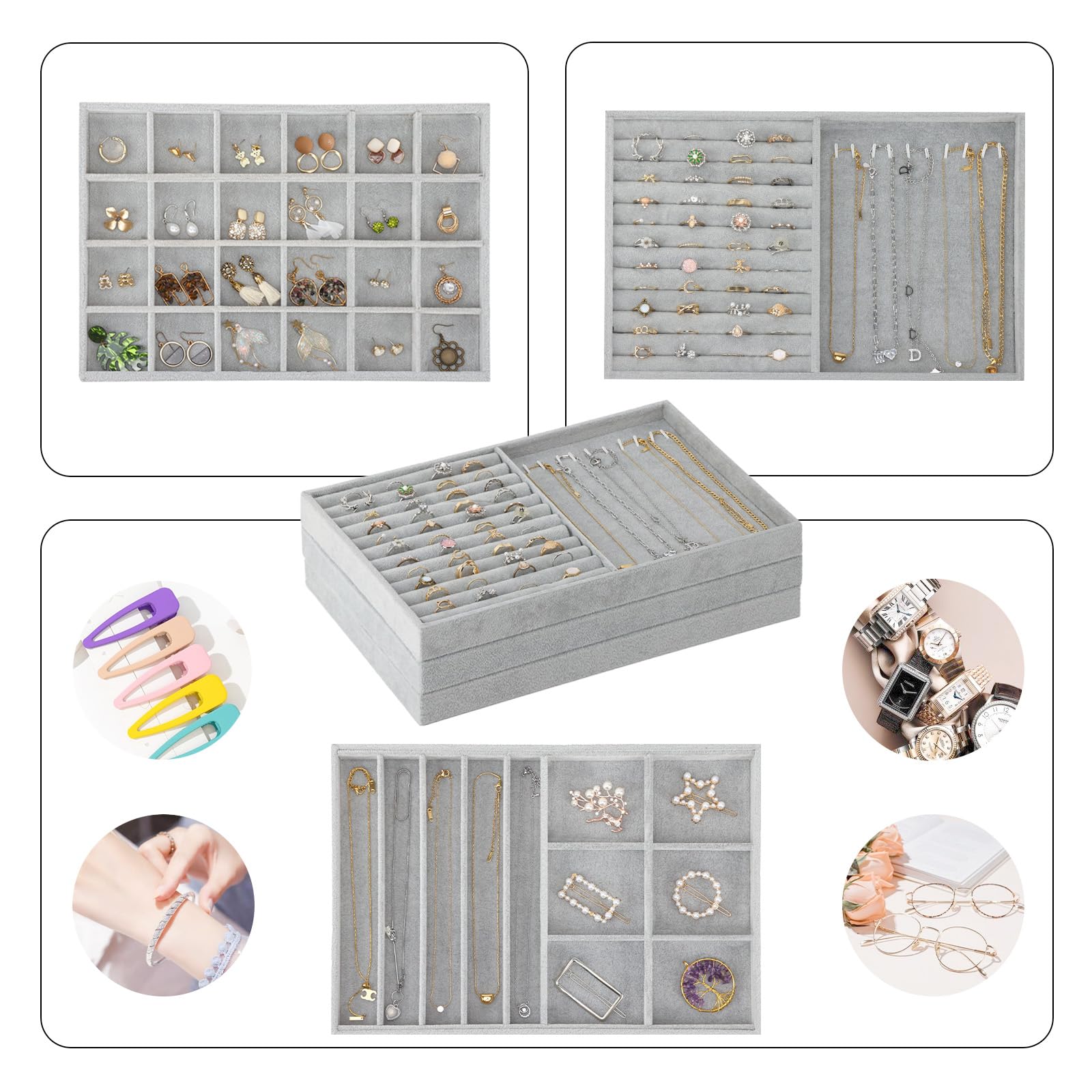 Fixwal 13in Set of 3 Stackable Jewelry Organizer Trays, Jewelry Trays for Drawers, Stackable, Divided, and Perfect for Rings, Necklaces, Bracelets, Earrings, Grey