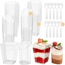 120 Pcs Mini Dessert Cups with Spoons Include 5 oz Square Plastic Appetizer Cups 3 oz Slanted Round Parfait Shooter Cup, Small Clear Reusable Dessert Bowls Mousse Jello Fruit Pudding for Wedding Party