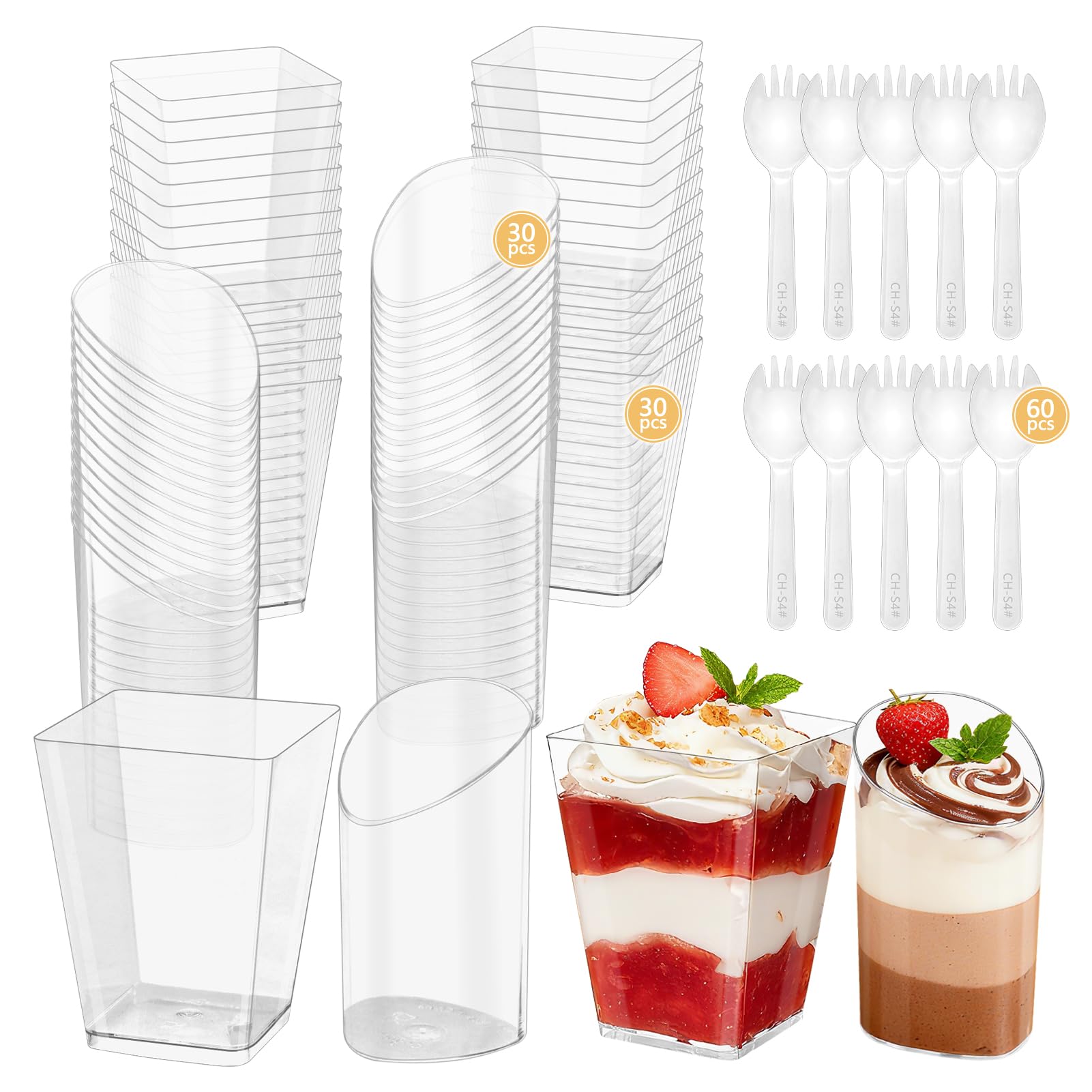 Photo 1 of 120 Pcs Mini Dessert Cups with Spoons Include 5 oz Square Plastic Appetizer Cups 3 oz Slanted Round Parfait Shooter Cup, Small Clear Reusable Dessert Bowls Mousse Jello Fruit Pudding for Wedding Party