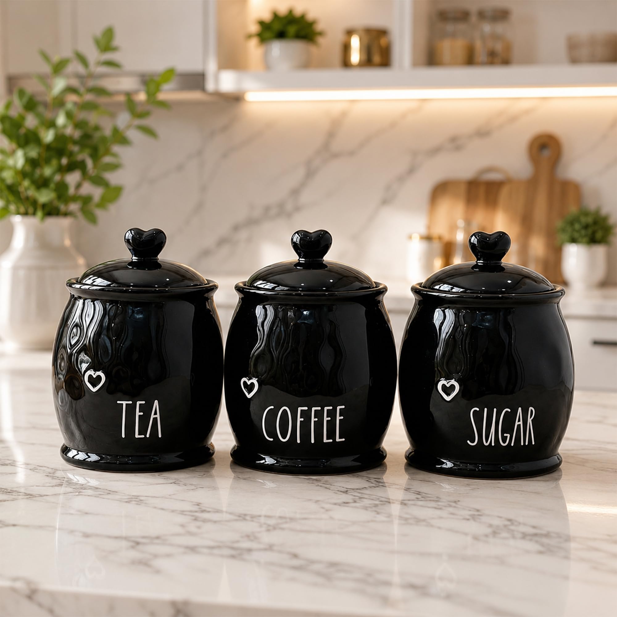 BMLIMITED Ceramic Tea Coffee Sugar Canister Set White Kitchen Storage Jars with Heart Lids Rustic Farmhouse Countertop Pots UK Kitchen Accessories (Black)
