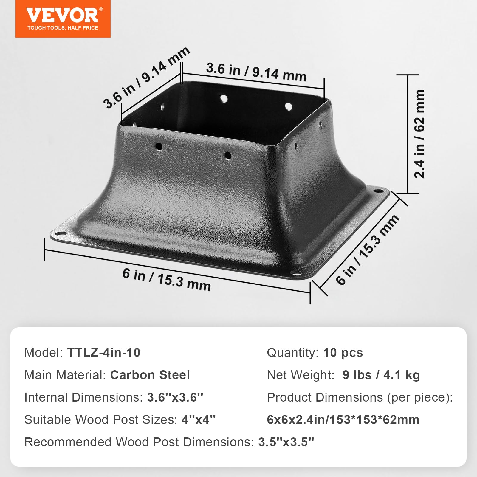 VEVOR Confezione da 10 Supporti per Pali in Legno 4''x4'' 102x102 mm, Base per Pali Interni 91,4x91,4 mm in Acciaio a Carbonio per Ancoraggio Pali in Legno Ringhiere, Corrimano di Terrazze, Portici