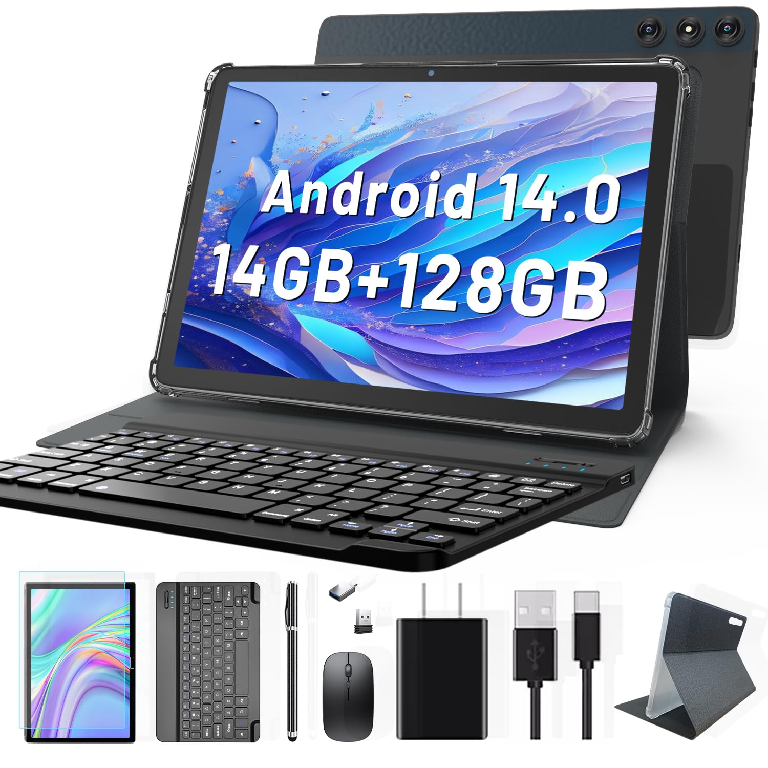 KADYBE Tablet 10 cali, Android 14, tablet z rysikiem, klawiaturą, myszą, 4G LTE, z gniazdami na karty SIM, 14 GB RAM + 128 GB ROM, Octa-core, 13 + 8 MP, 7000 mAh, 5 G WiFi, GPS, Bluetooth 5.0, szary
