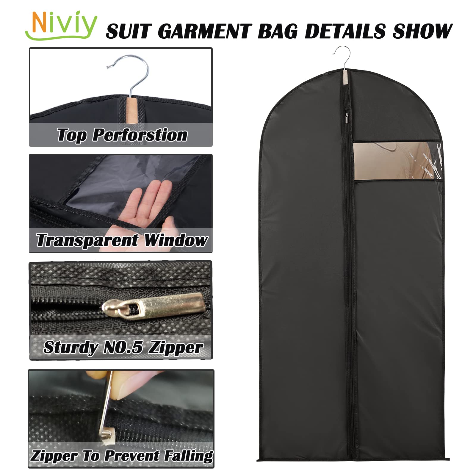 Niviy 5 PCS Porta Abiti Da Viaggio Lungo 60X160CM Nero Custodia Porta Abiti,Impermeabile e Antimuffa Con Finestra a Vista,Adatto Per Contenitori per Armadio di Piumino,Cappotto Lungo,Gonna Lunga