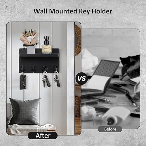 Miniatura 5 de Soporte de pared para llaves, organizador de pared de madera pequeño de 8.5 pulgadas para decoración del hogar con 4 ganchos y estante, decoración