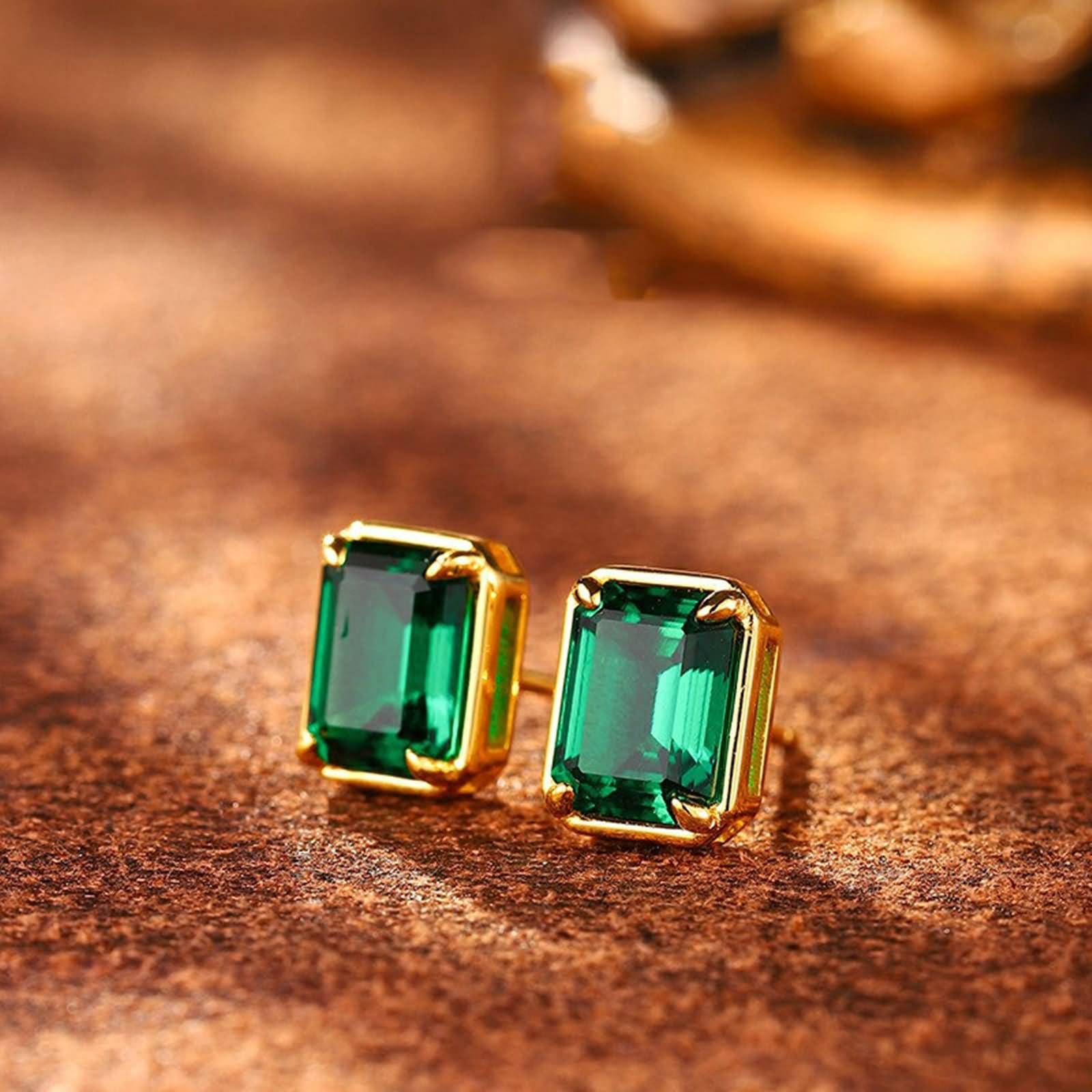 Pendientes de tuerca únicos para mujer, aretes medianos para mujer, solitario con esmeralda creada en laboratorio de 2 quilates, oro amarillo de 18 quilates