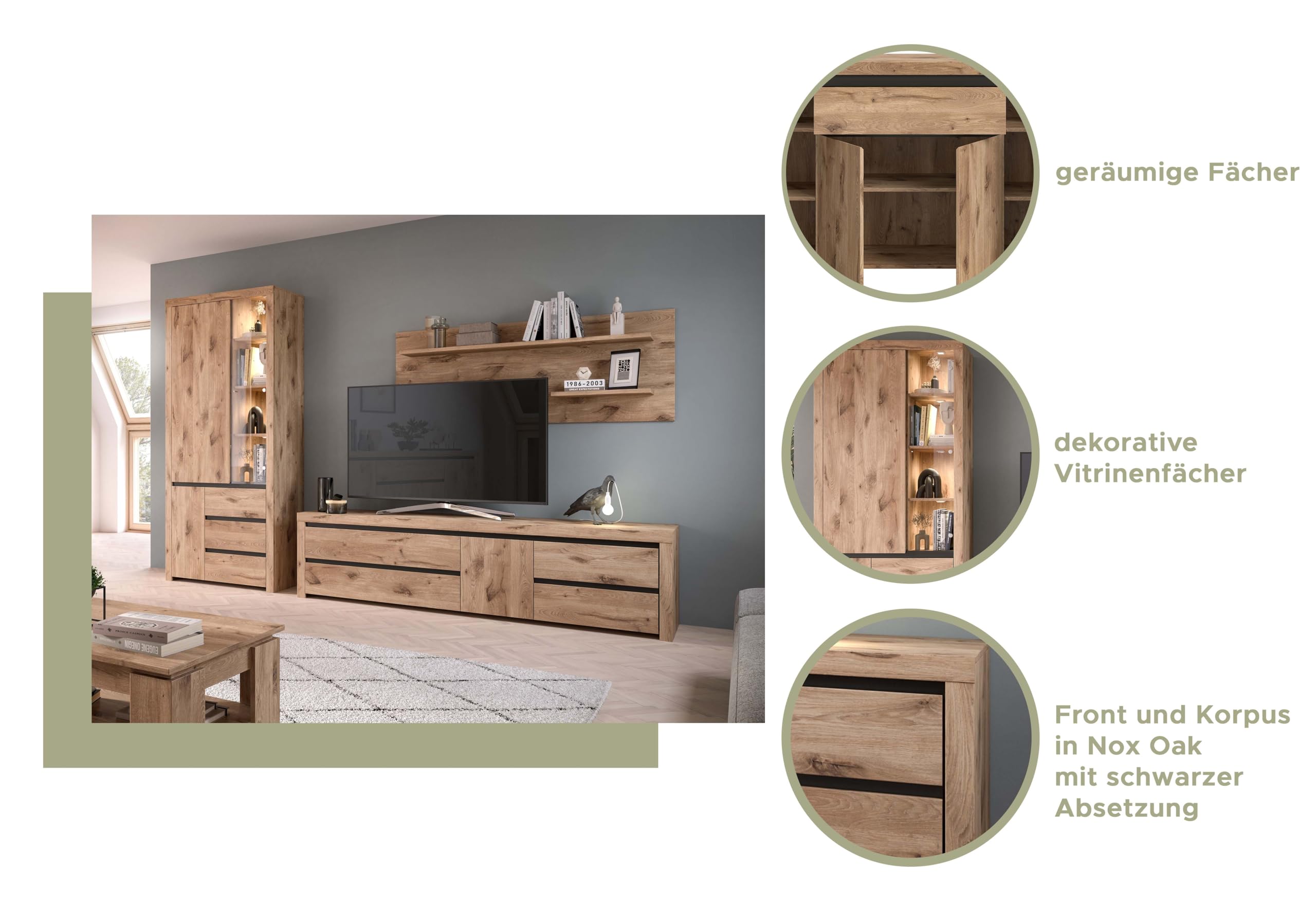 xonox.home Wohnen Woody X4LB9T52 Wandboard Wandregal Regal in Nox Oak Nb., ca. 160x60x20 cm
