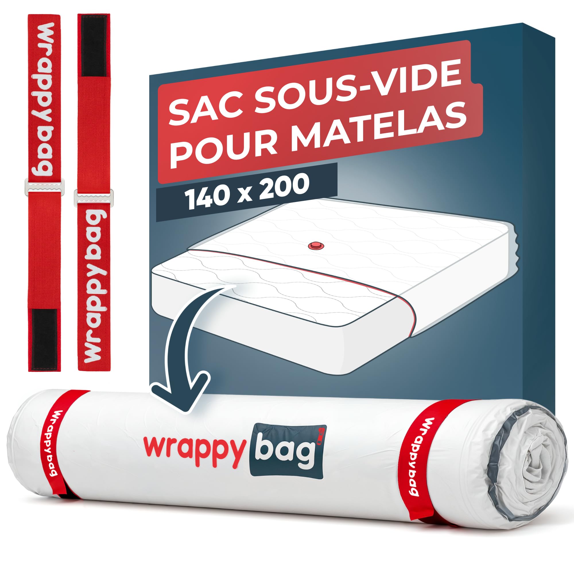 Wrappybag – Sac sous vide Matelas Déménagement 140 x 200 cm – Kit Complet Housse protection matelas sous vide Etanche avec Clips & Sangles auto agrippantes – Compatible Toutes Tailles et Aspirateurs