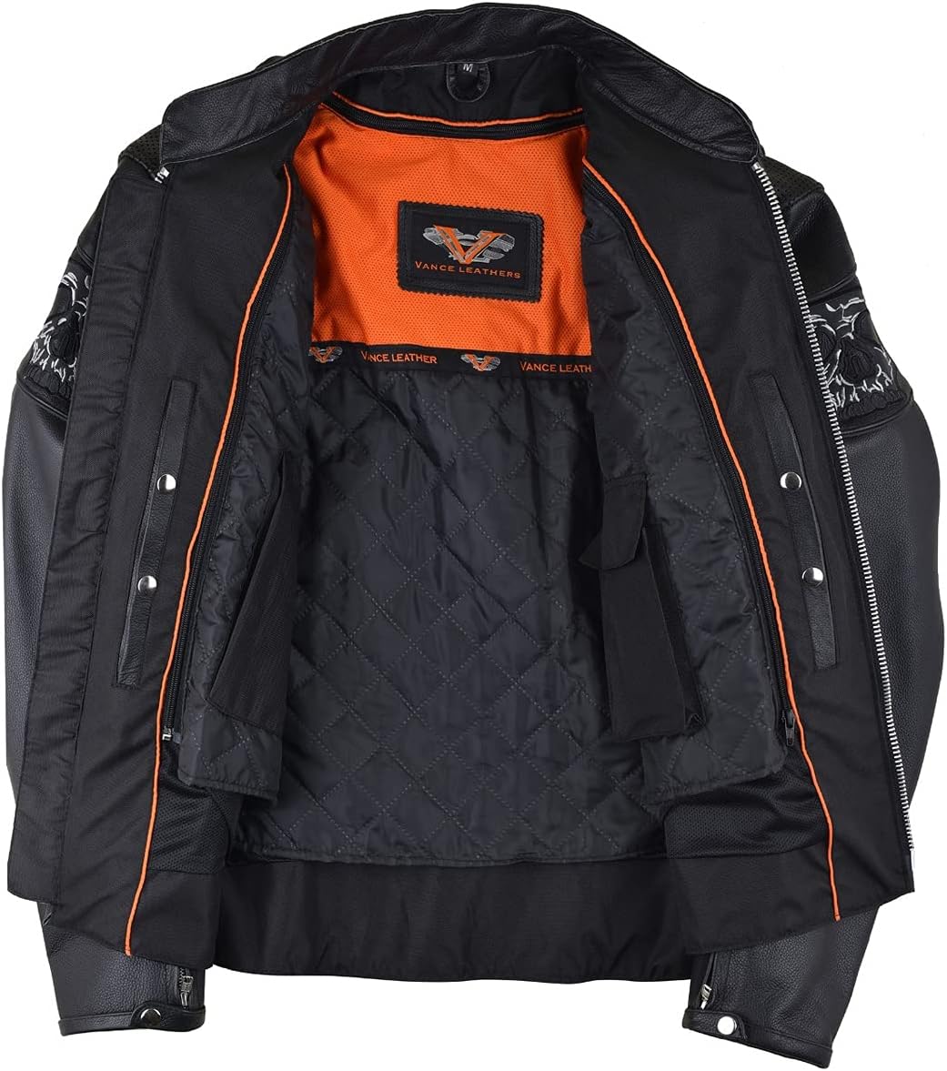Vance Leather Men's Stand Up Collar Premium Motorcycle Jacket with Reflective Skulls and Inside Conceal Carry Pockets
