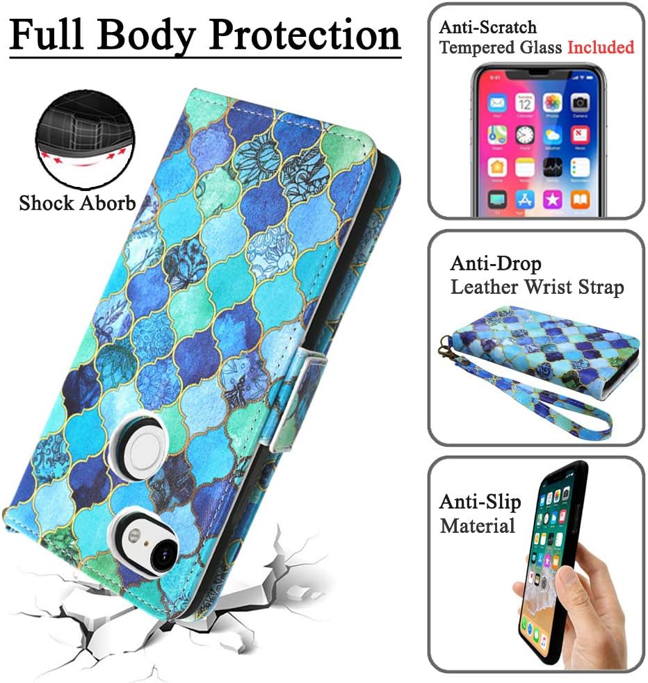 Mefon Google Pixel 3 Case Wallet Leather Detachable, with Tempered Glass and Wrist Strap, Enhanced Magnetic Closure, Card Slot, Kickstand, Durable Slim, Flip Folio Cases for Pixel 3 (Cool Jade)