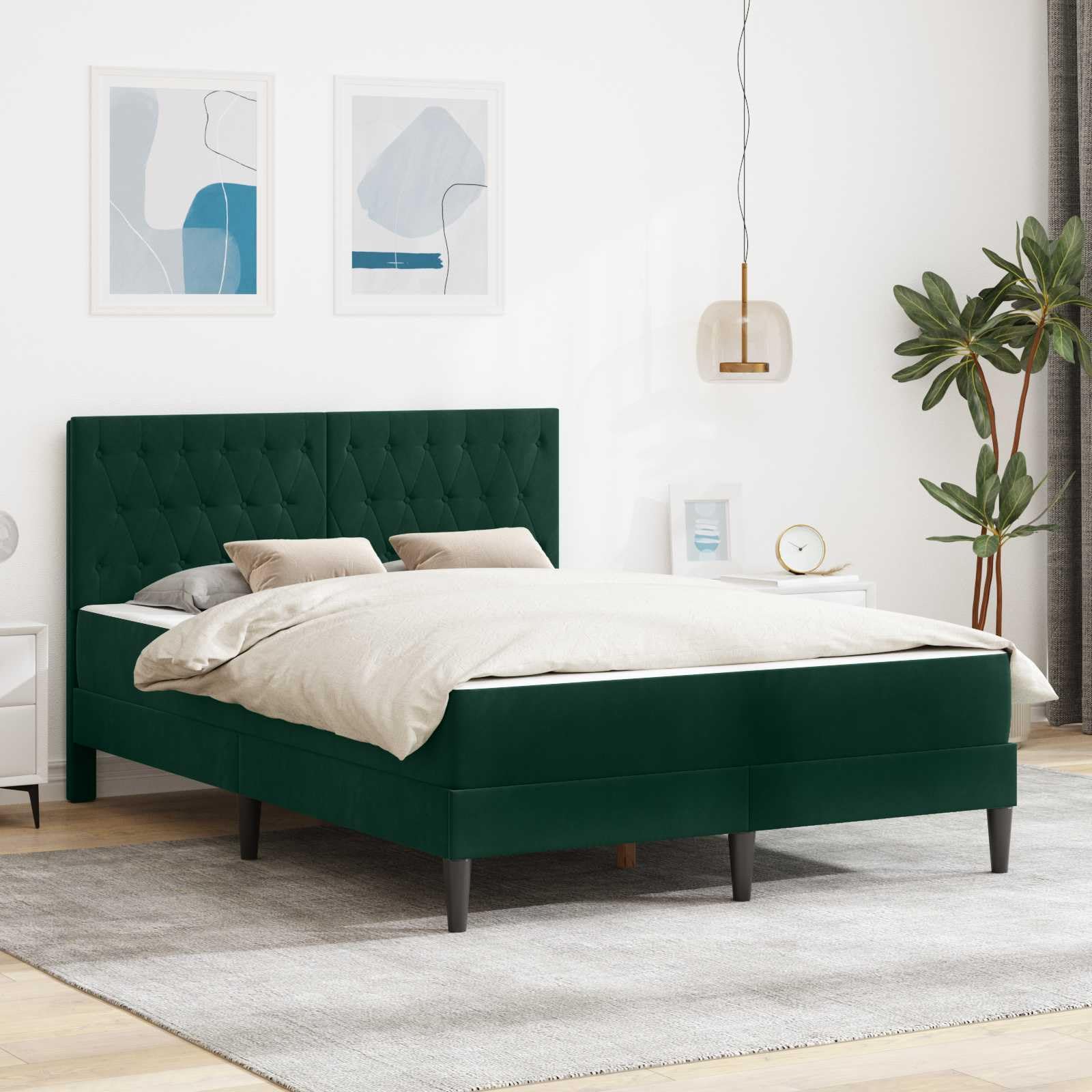 Rama łóżka z materacem, ciemnozielona, 140 x 200 cm, aksamitna, ergonomiczny materac z rdzeniem z zimnej pianki i sprężyną kieszeniową, stelaż listewkowy, oddychający, dwustronny