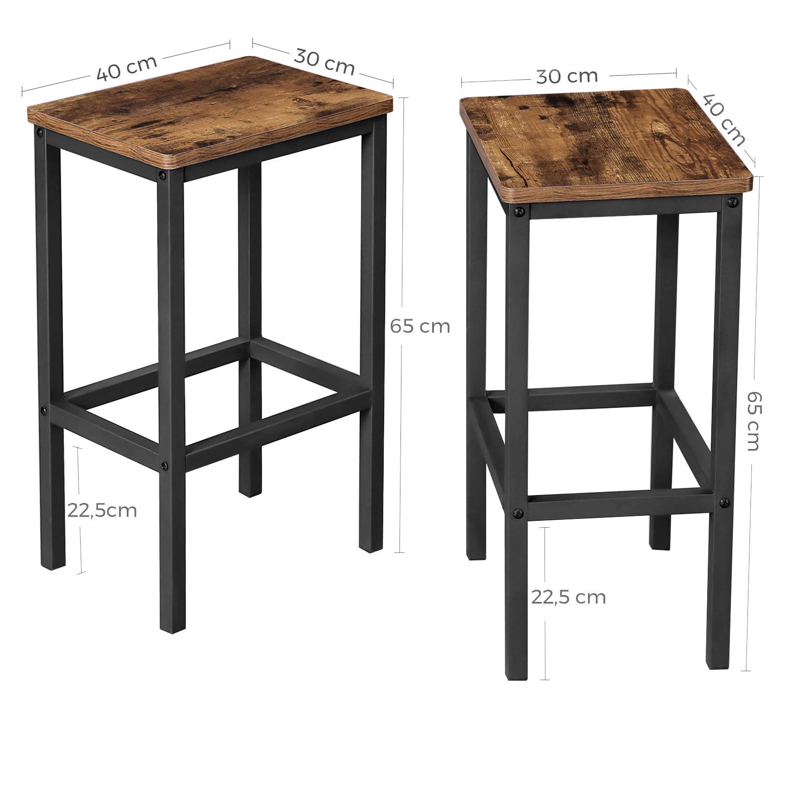 VASAGLE Lot de 2 Chaises de Bar, Tabourets Hauts, sièges, pour Cuisine, Salle à Manger, Salon, Style Industriel, Marron Rustique et Noir LBC65X