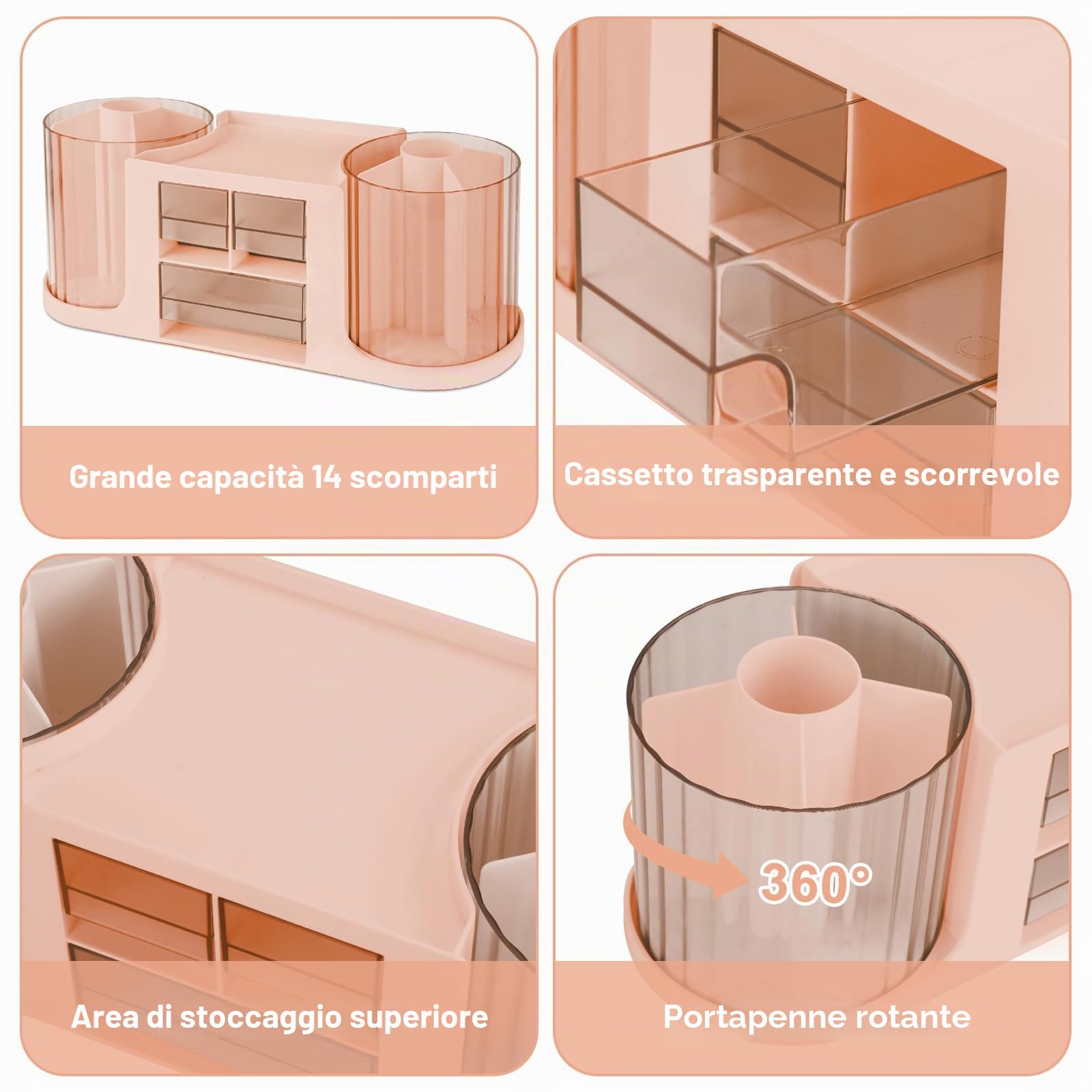 RETON Organizer da scrivania girevole con 2 portapenne, organizer multifunzione con 3 cassetti, 10 scomparti, portapenne per scrivania, scuola, casa, ufficio